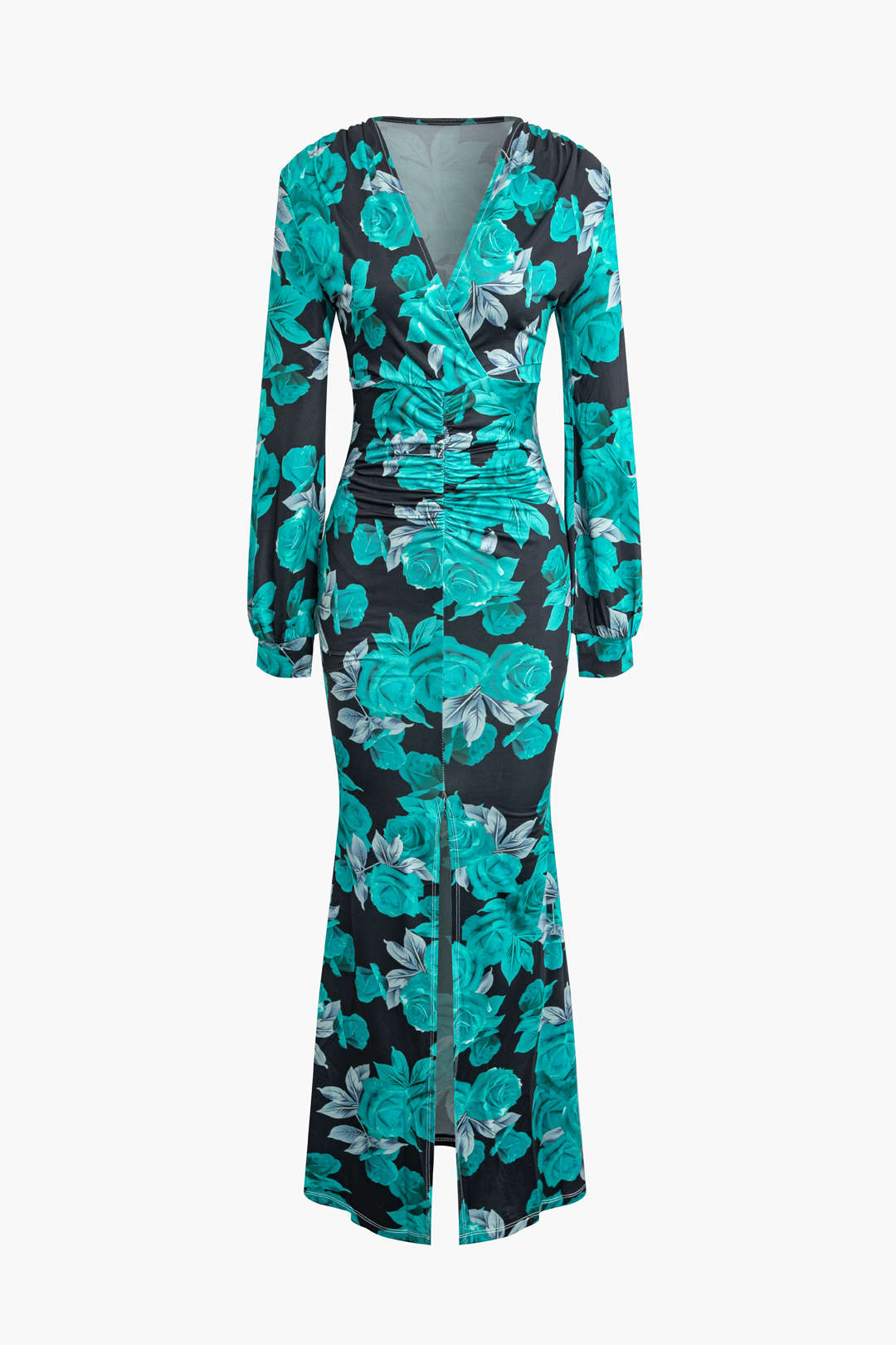 Floral Print V-Neck Ruched Maxi Dress with Slit - Y2K Aesthetic Summer Style