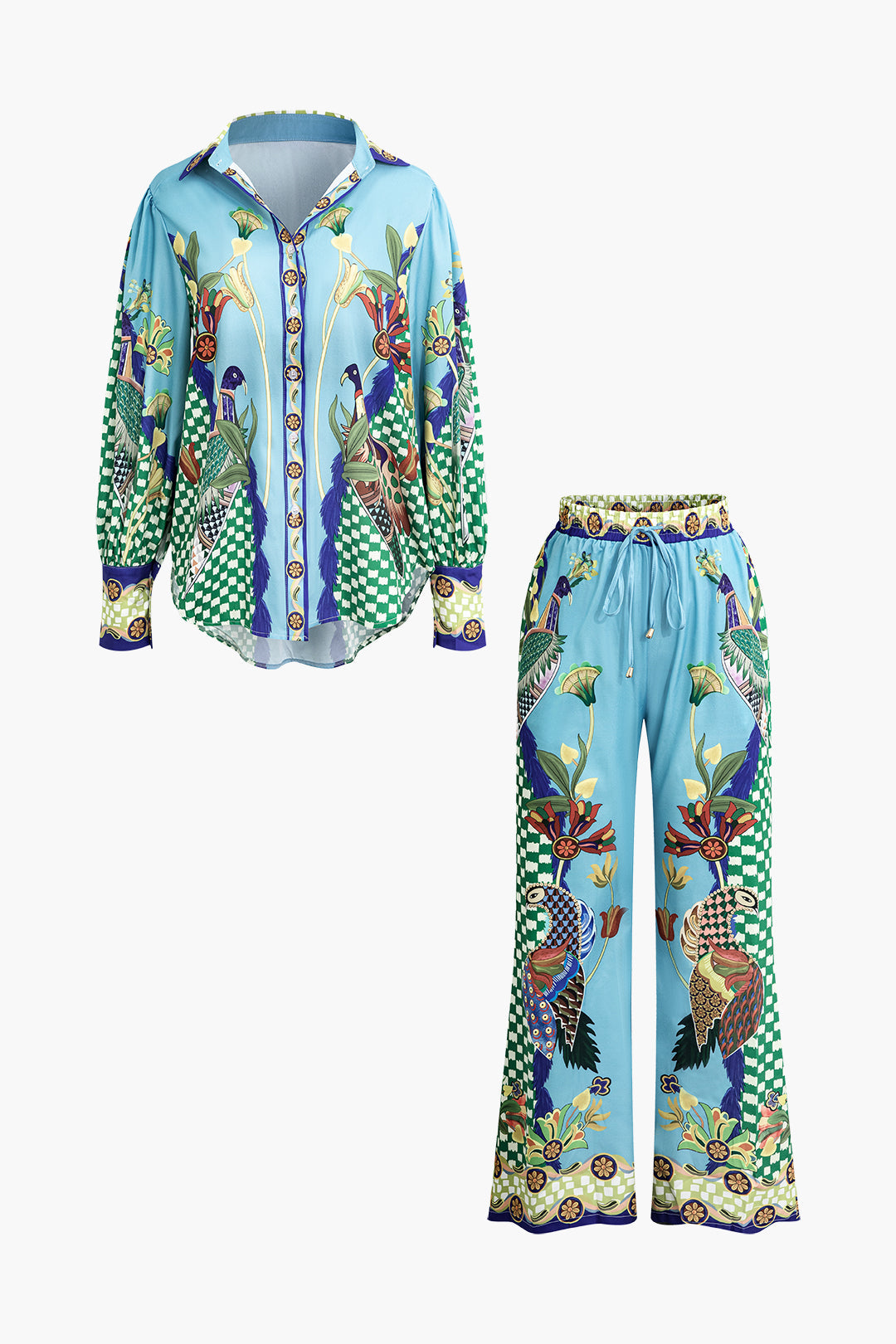 Floral Print Y2K Aesthetic Shirt & Drawstring Wide Leg Pants Set for Trendy Outfits