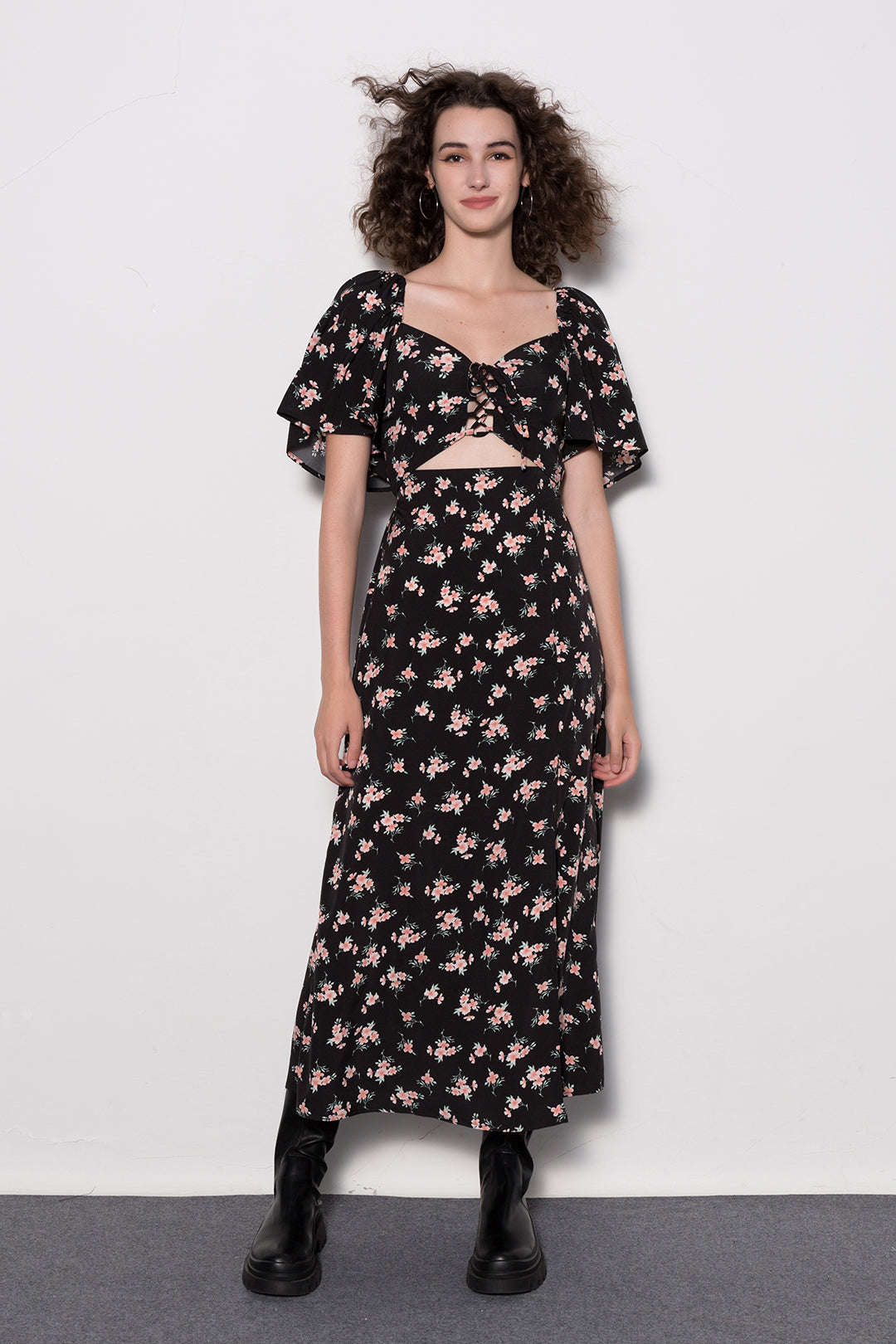 Floral Tie Front Midi Dress - Y2K Aesthetic Cute Dress for Coquette and Grunge Styles