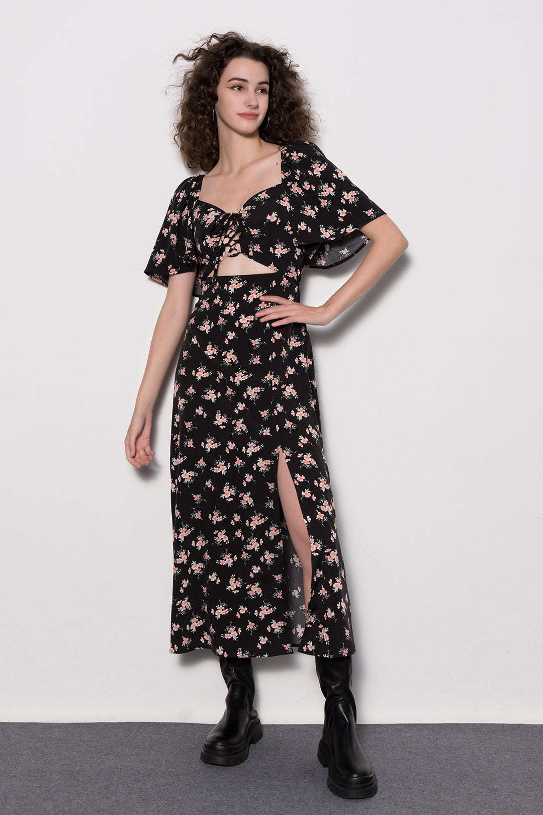 Floral Tie Front Midi Dress - Y2K Aesthetic Cute Dress for Coquette and Grunge Styles