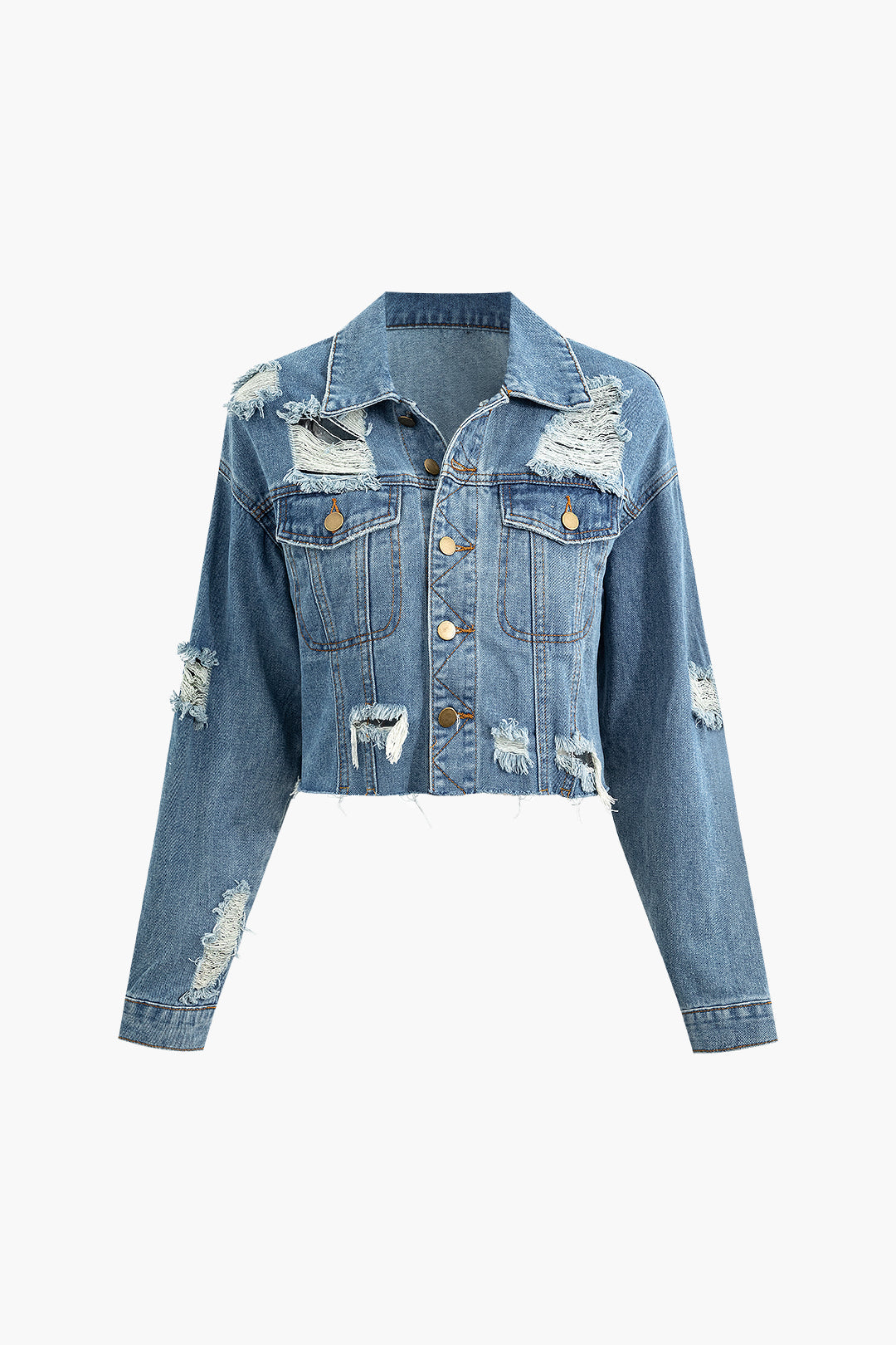 Frayed Button-Up Denim Coat with Flap Pockets for Y2K and Grunge Aesthetic Outfits