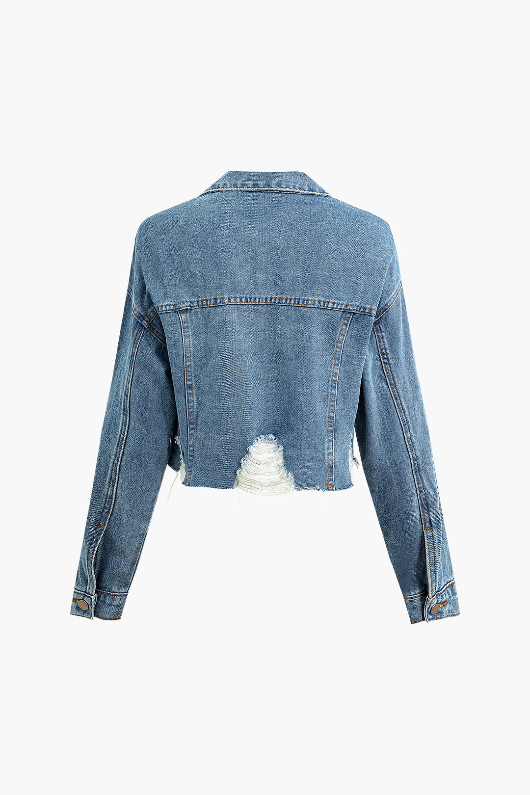 Frayed Button-Up Denim Coat with Flap Pockets for Y2K and Grunge Aesthetic Outfits