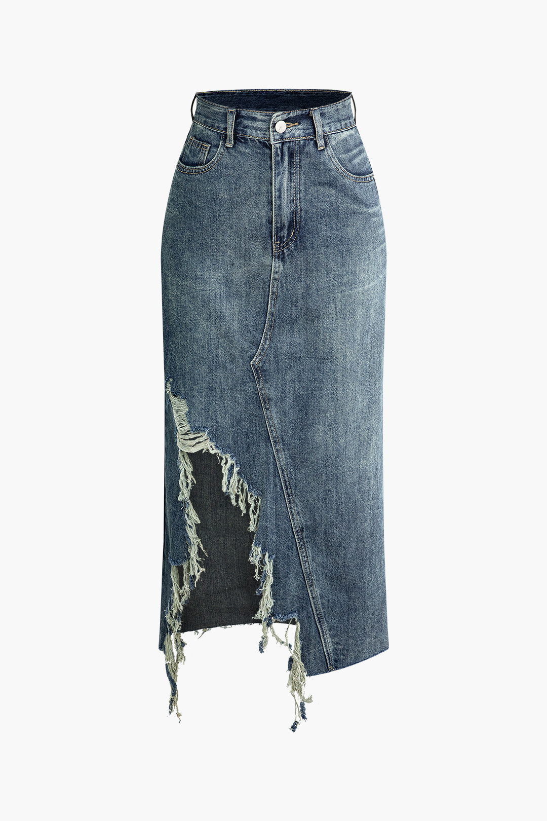 Frayed Denim Midi Skirt - Y2K Aesthetic Cargo Skirt for Trendy Grunge and Coquette Outfits