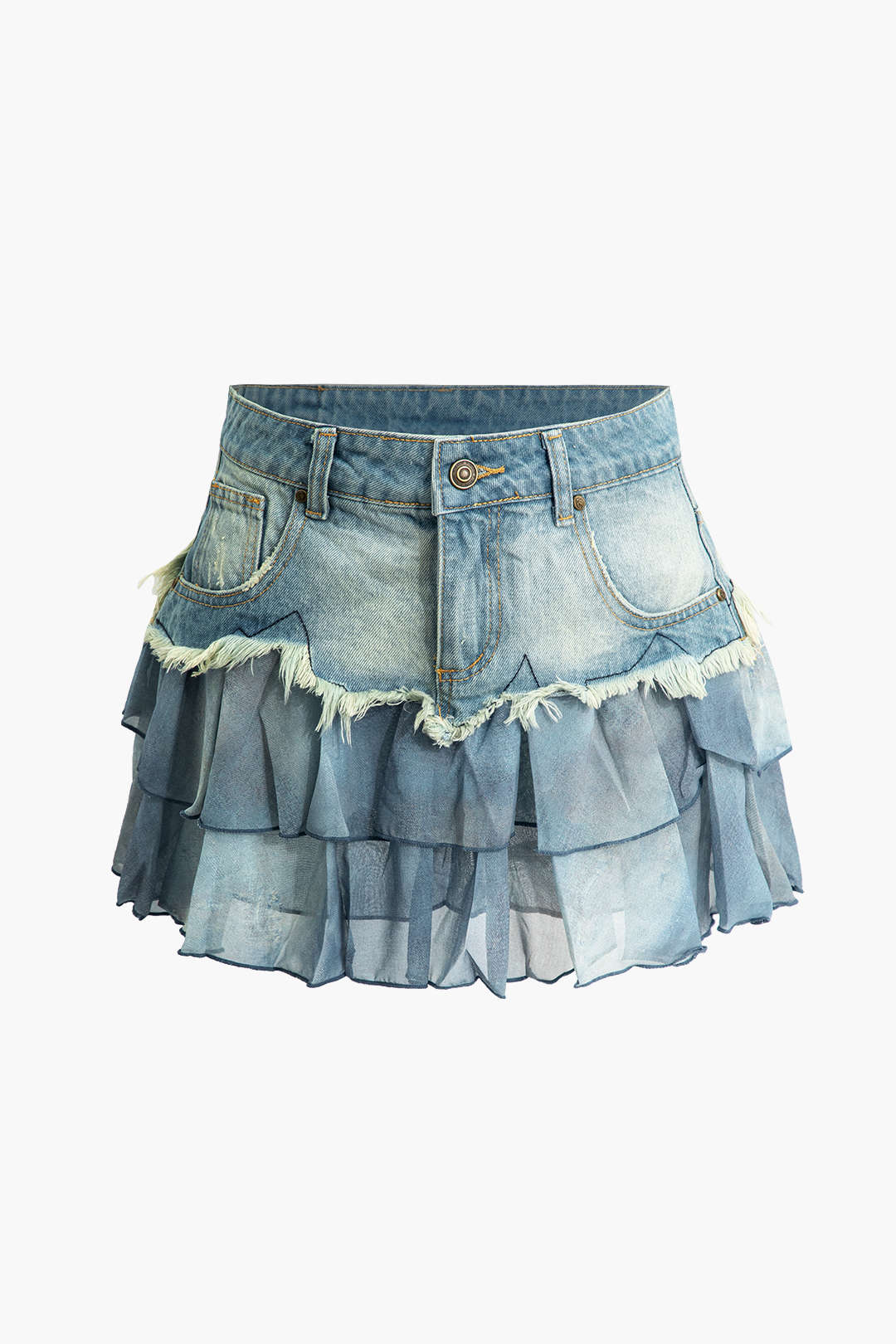 Frayed Denim Mini Skirt with Mesh Patchwork - Y2K Aesthetic Fashion Essential