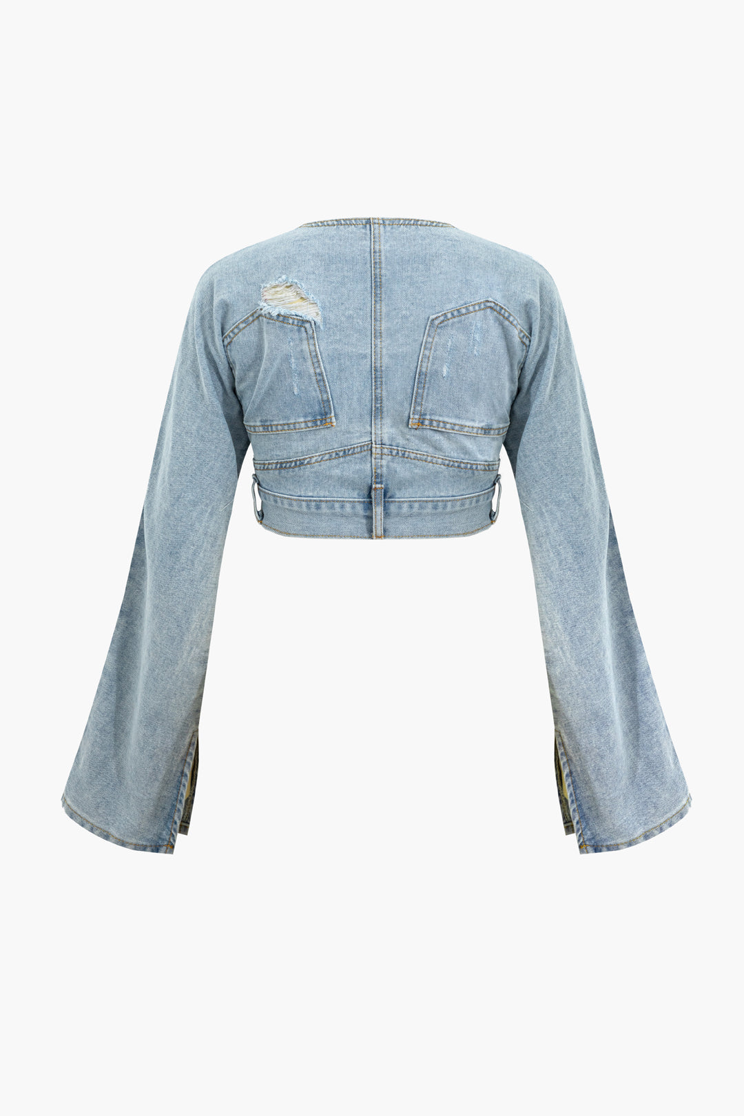 Frayed Destroyed V-Neck Crop Denim Jacket for Y2K Aesthetic Outfits and Grunge Style