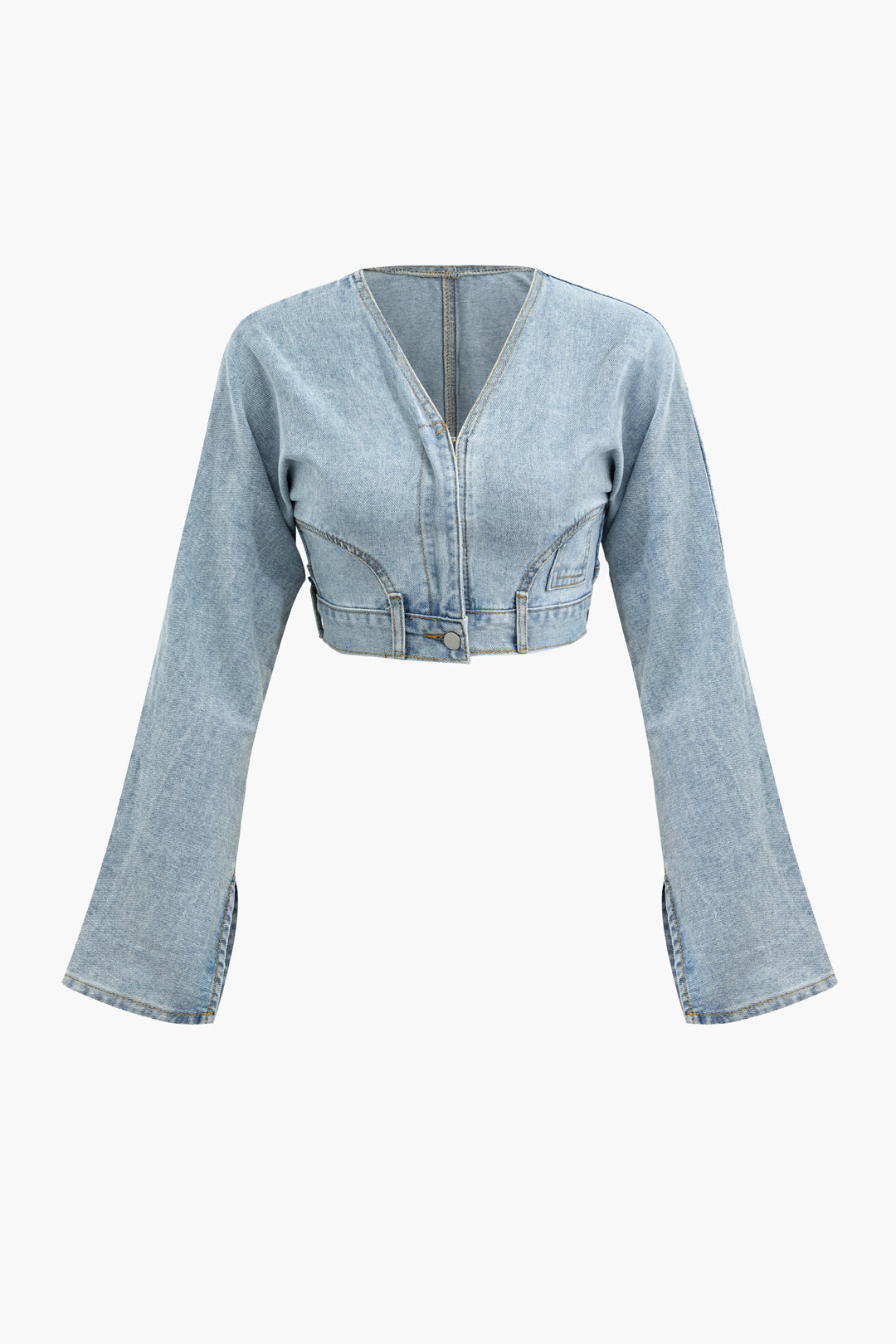 Frayed Destroyed V-Neck Crop Denim Jacket for Y2K Aesthetic Outfits and Grunge Style