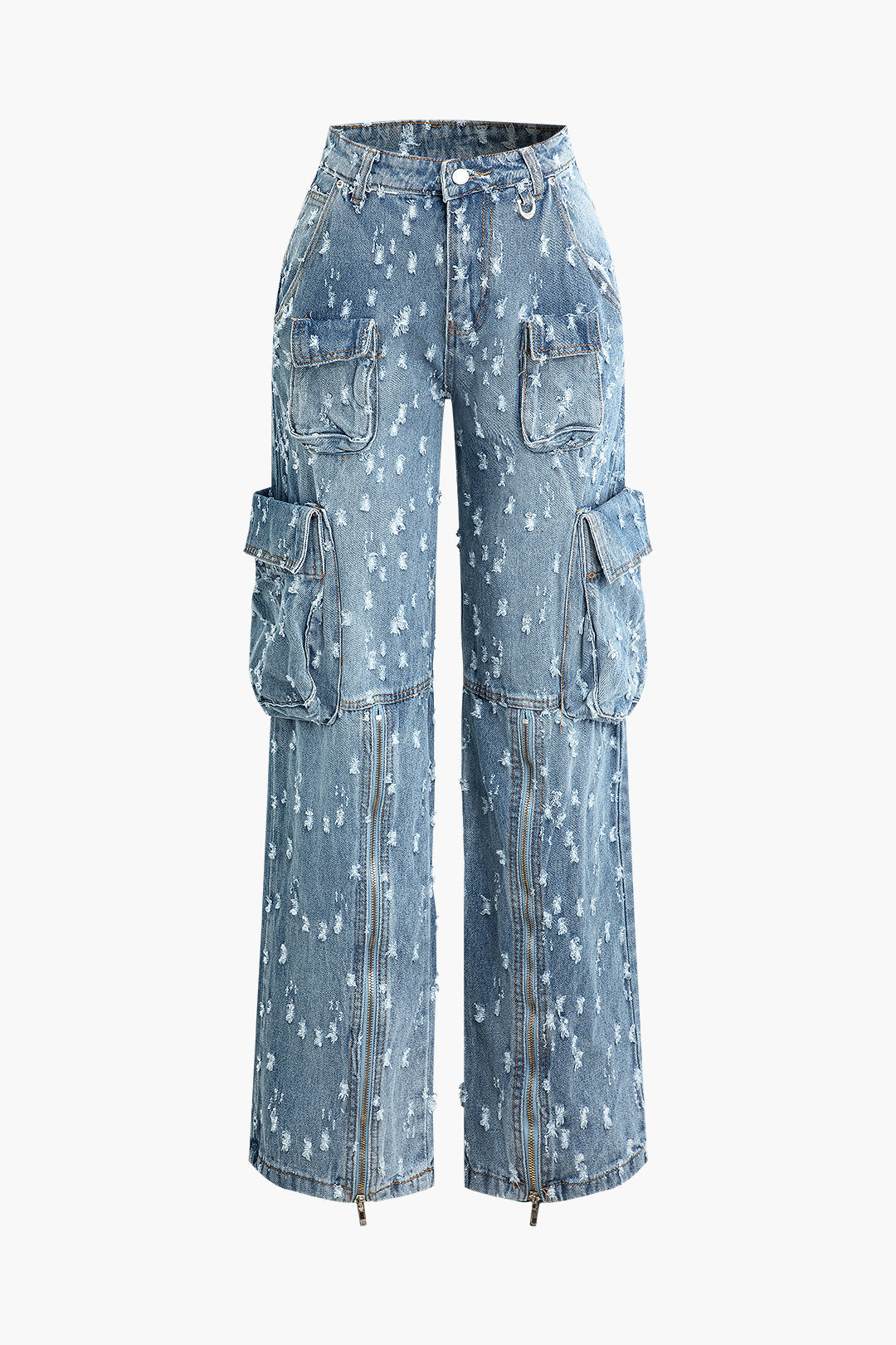 Frayed Flap Pocket Straight Leg Cargo Jeans - Y2K Aesthetic Grunge Style Essential