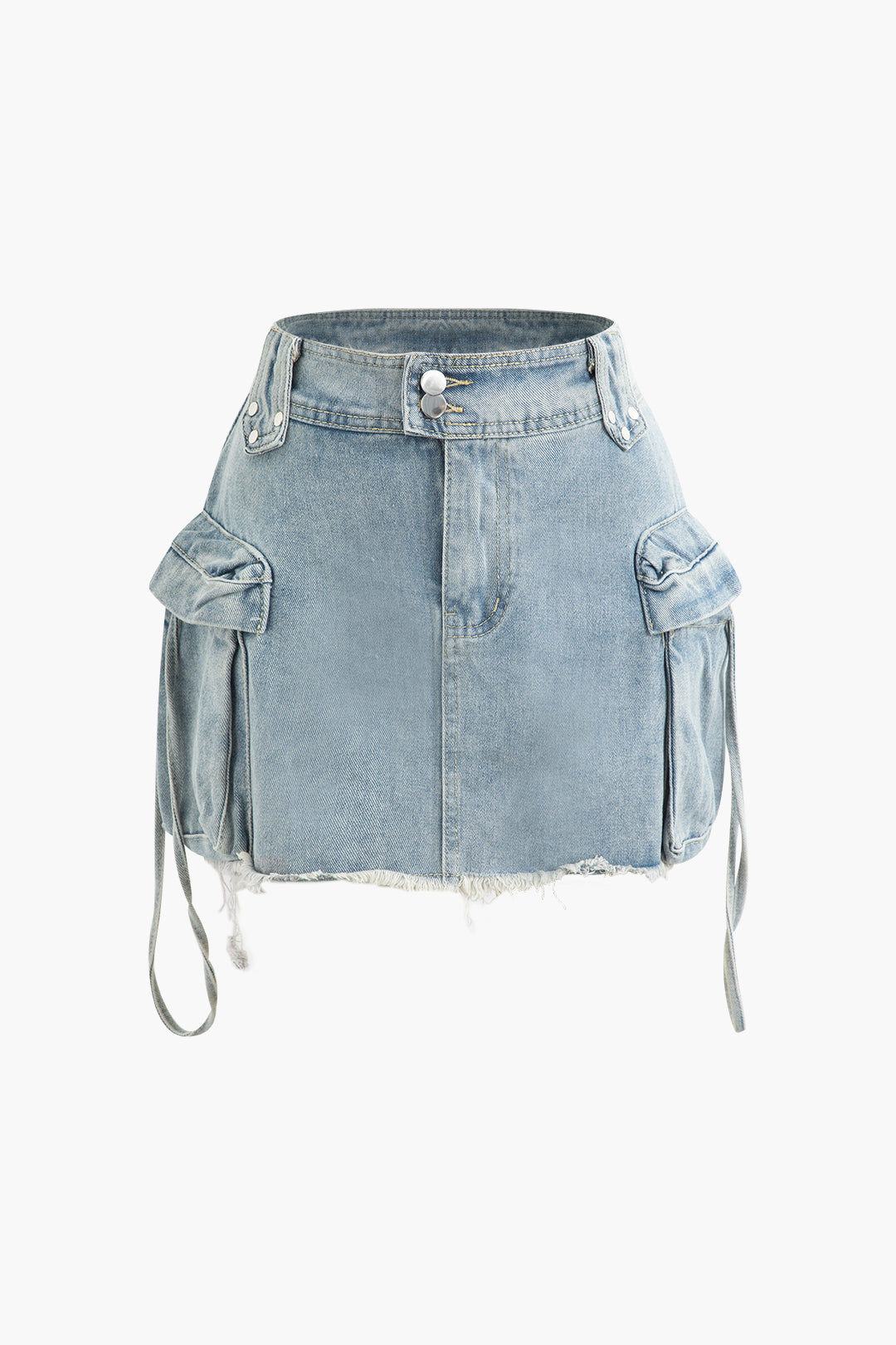 Frayed Hem Denim Mini Skirt with Flap Pockets - Y2K Aesthetic Essential