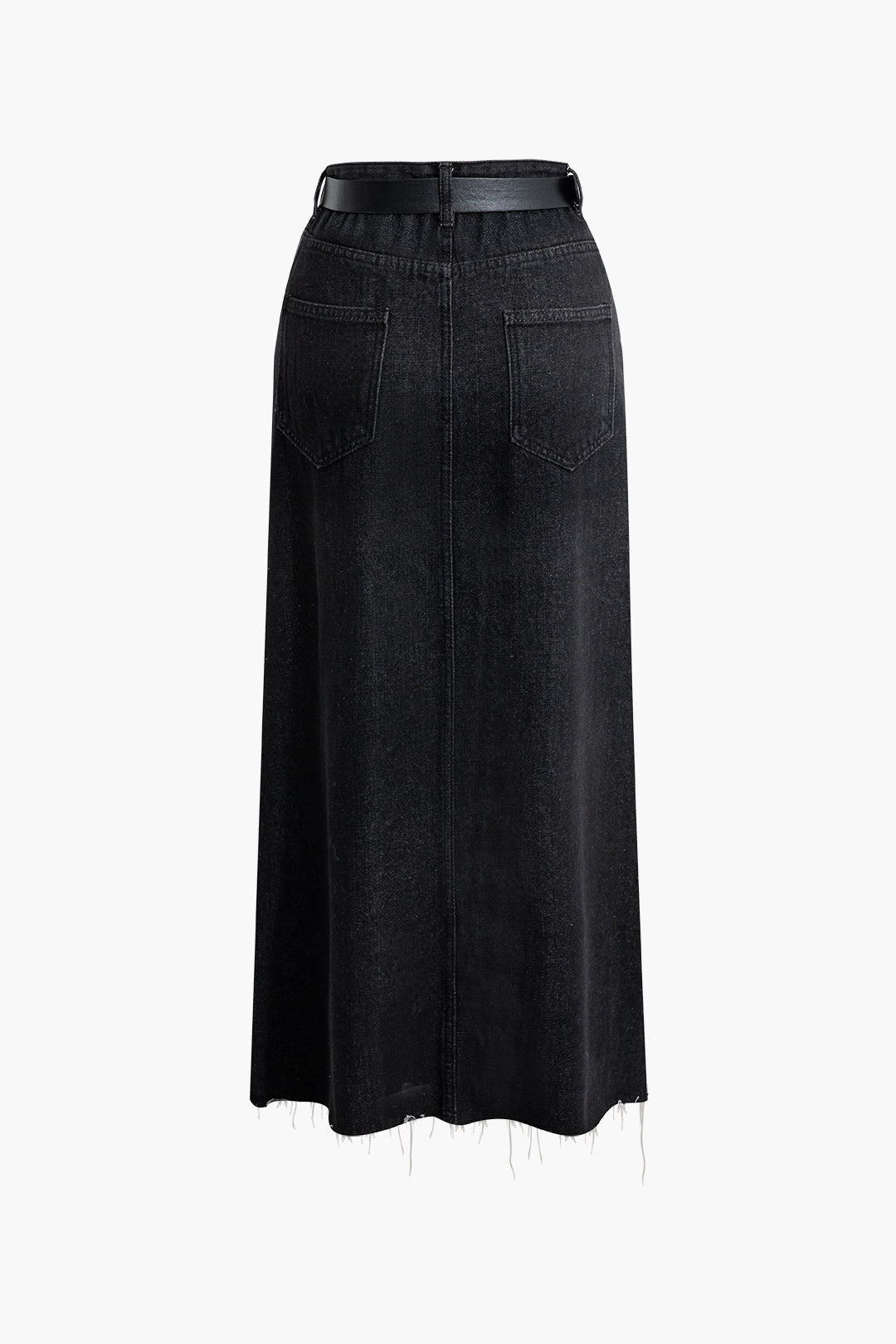 Frayed Hem High Waist Denim Maxi Skirt with Flap Pockets and Belt - Y2K Aesthetic Style