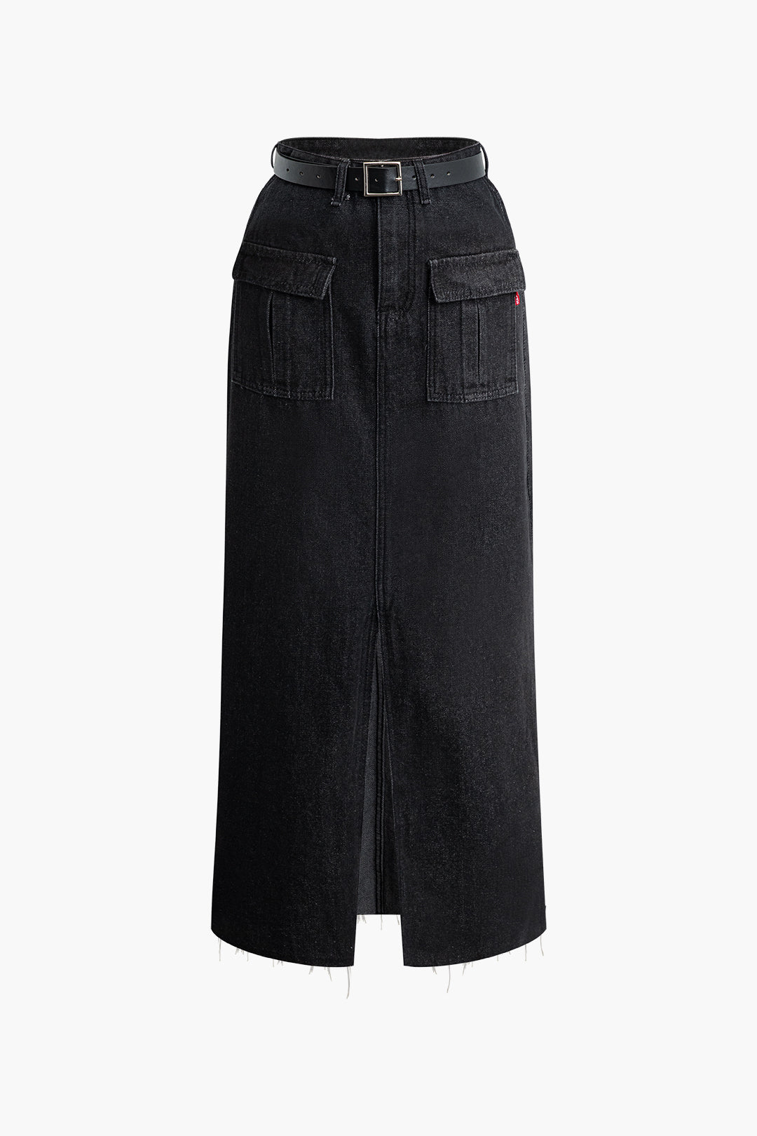 Frayed Hem High Waist Denim Maxi Skirt with Flap Pockets and Belt - Y2K Aesthetic Style