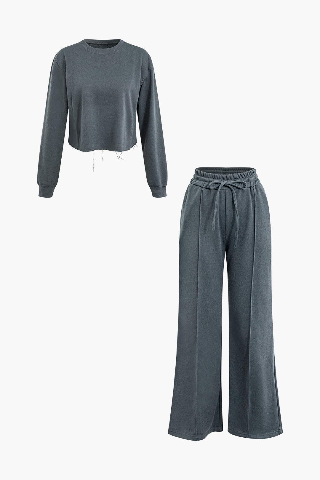 Frayed Hem Long Sleeve Hoodie and Drawstring Wide Leg Pants Set for Y2K Aesthetic Style