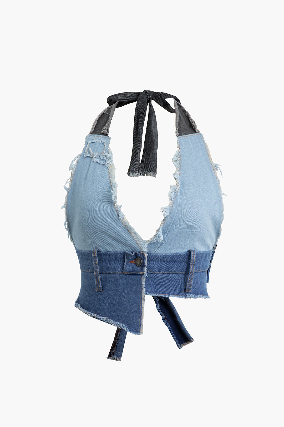 Frayed Tie Halter Denim Vest - Y2K Aesthetic Top for Grunge and Coquette Outfits