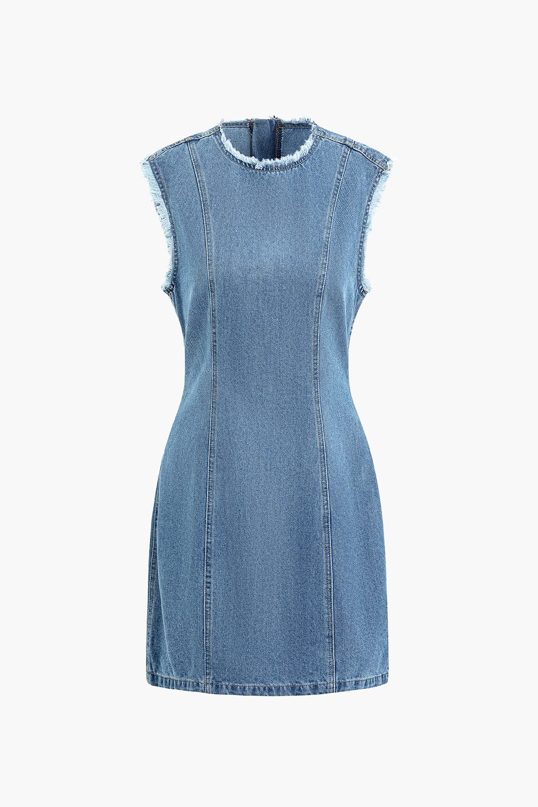 Frayed Trim Zipper Round Neck Sleeveless Denim Mini Dress - Y2K Aesthetic Fashion Essential