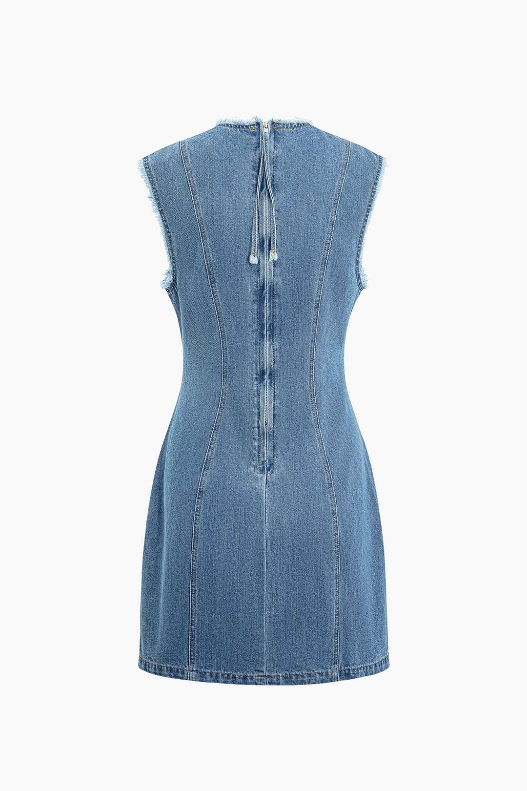 Frayed Trim Zipper Round Neck Sleeveless Denim Mini Dress - Y2K Aesthetic Fashion Essential