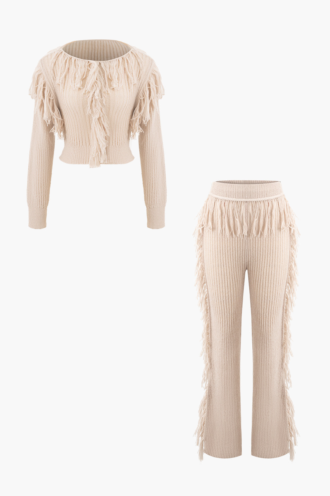 Fringe Detail Long Sleeve Knit Sweater & Knit Pants Set for Y2K Aesthetic Outfits