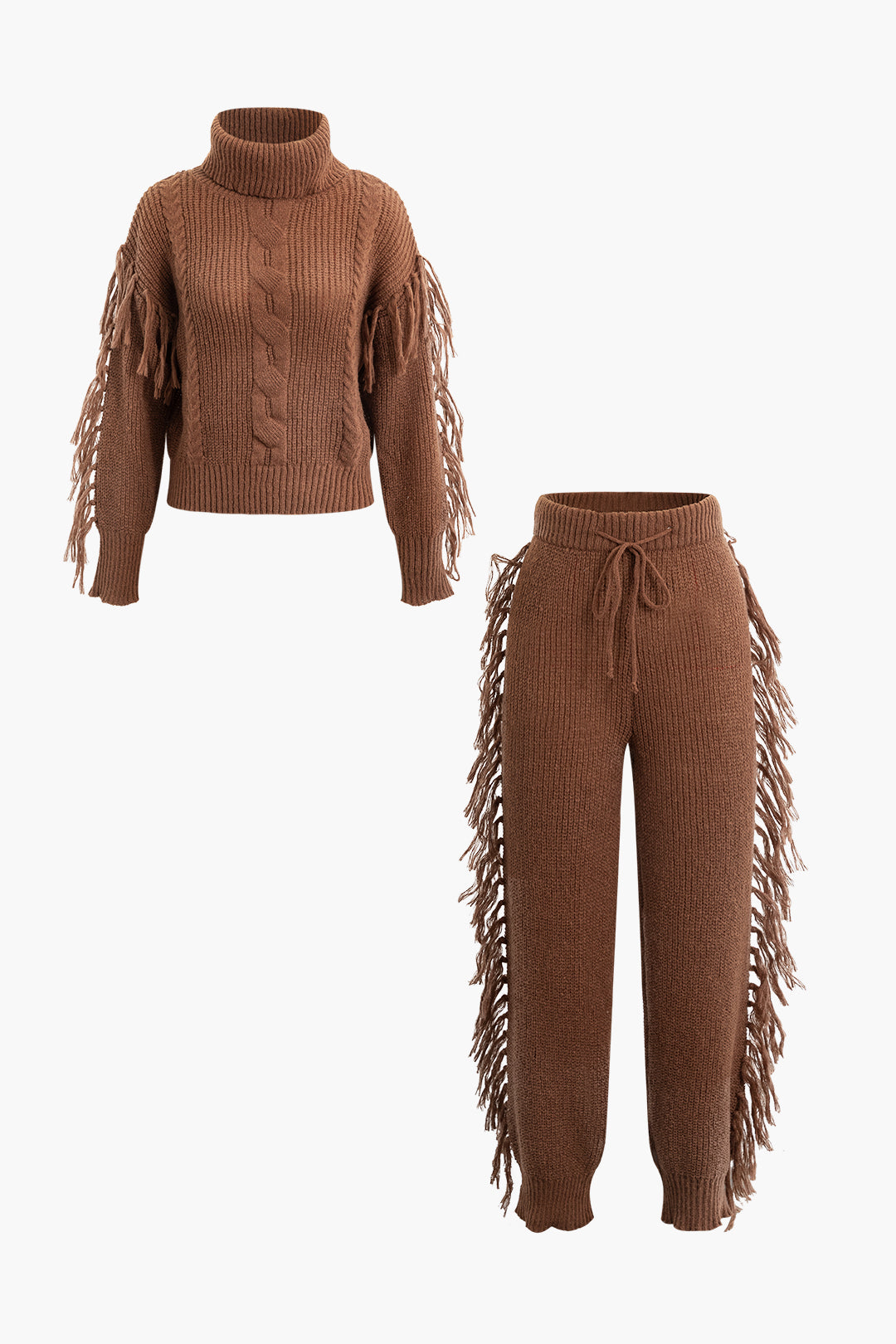 Fringe Detail Turtleneck Sweater & High Waist Knit Pants Set for Y2K Aesthetic Outfits