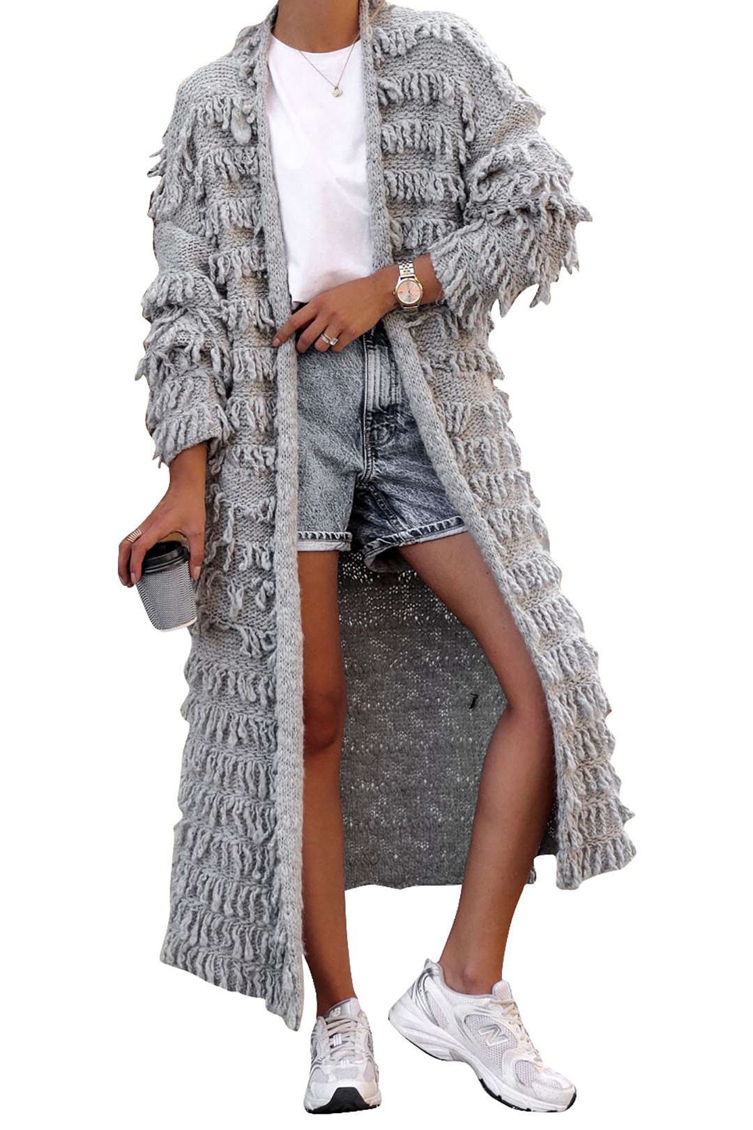 Fringe Long Sleeve Cardigan Sweater in Y2K Style for Cozy Aesthetic Outfits