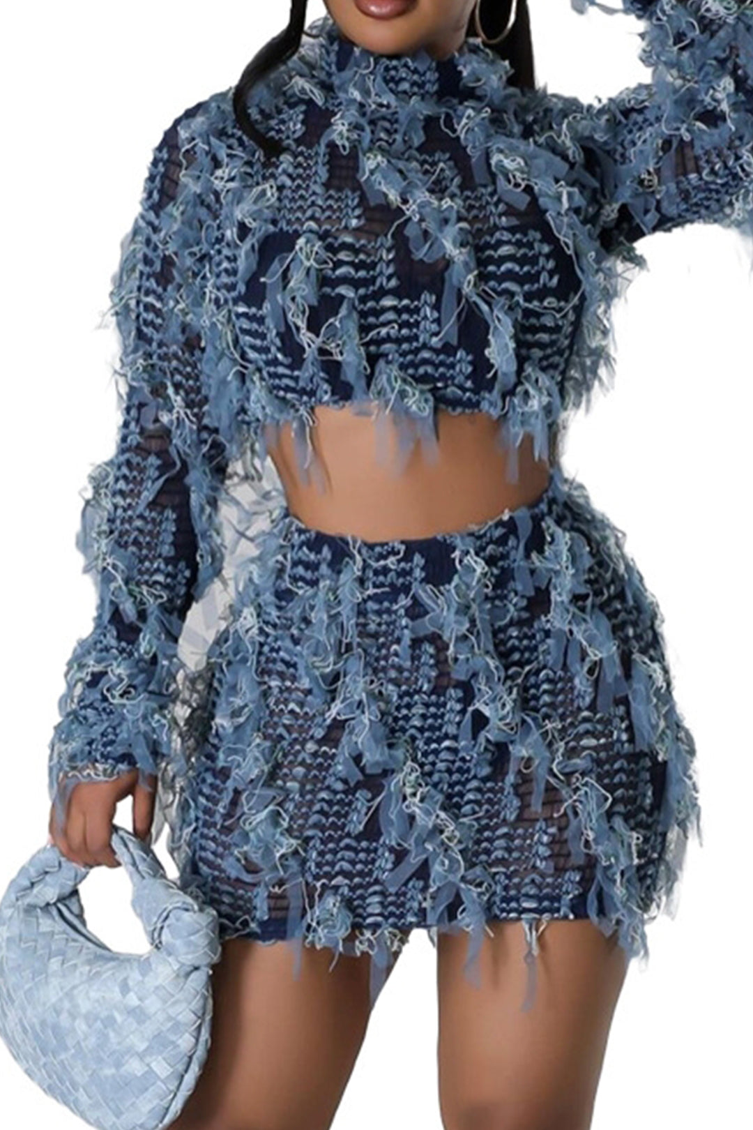 Fringe Mock Neck Long Sleeve Top & Mini Skirt Set - Y2K Aesthetic Outfit for Trendy Looks