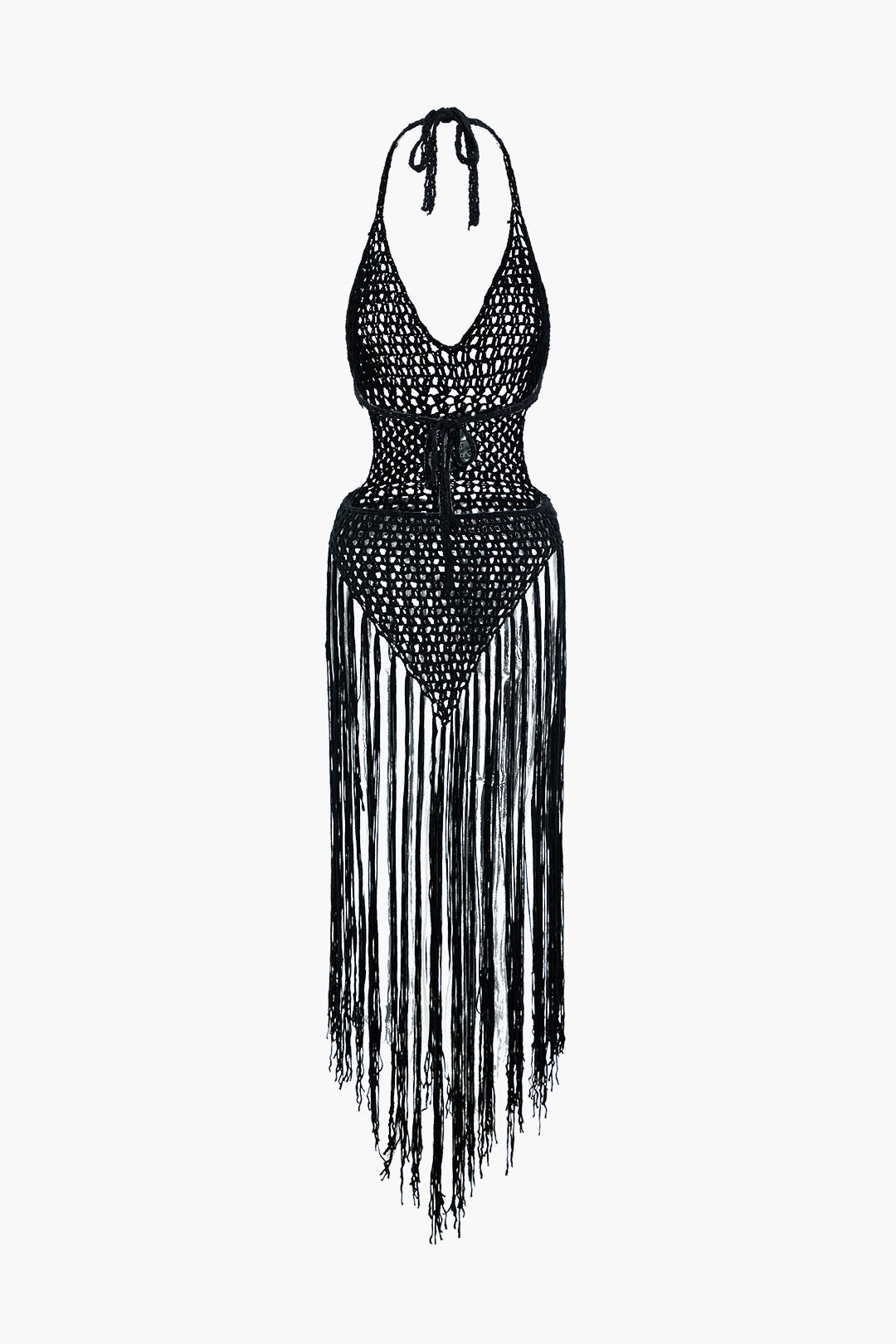 Fringe Tie Halter Backless Cover Up - Y2K Aesthetic Swimwear for Trendy Summer Vibes