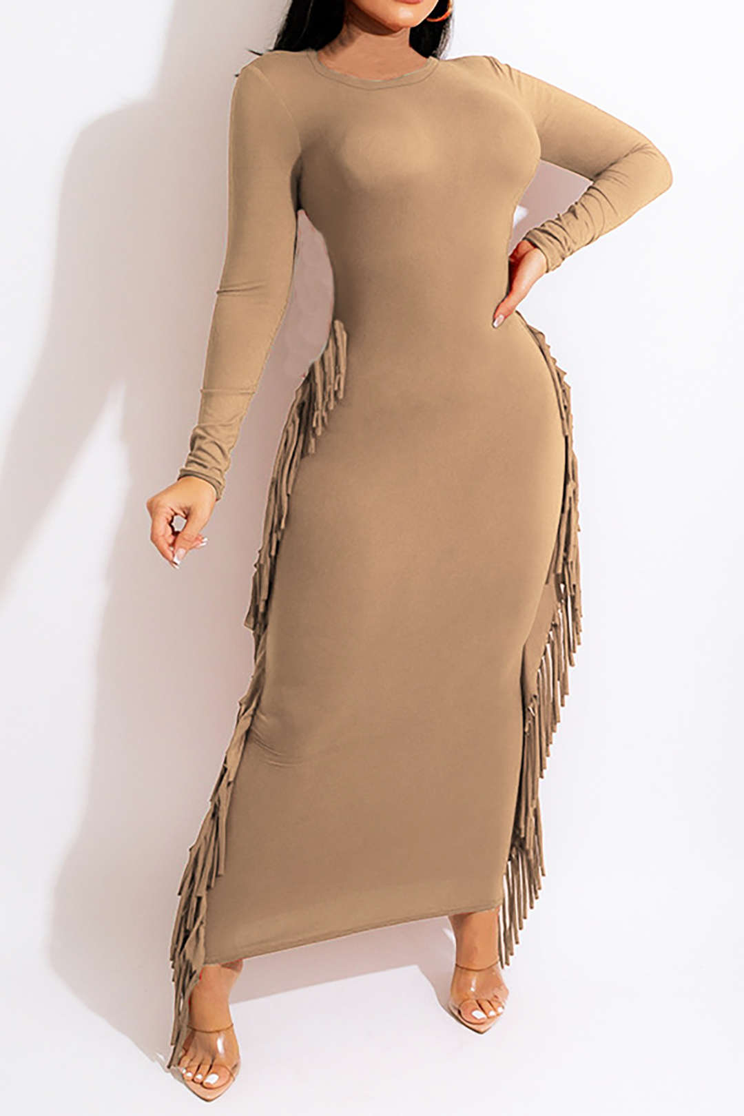 Fringe Trim Solid Color Maxi Dress - Y2K Aesthetic Boho Style for Effortless Chic