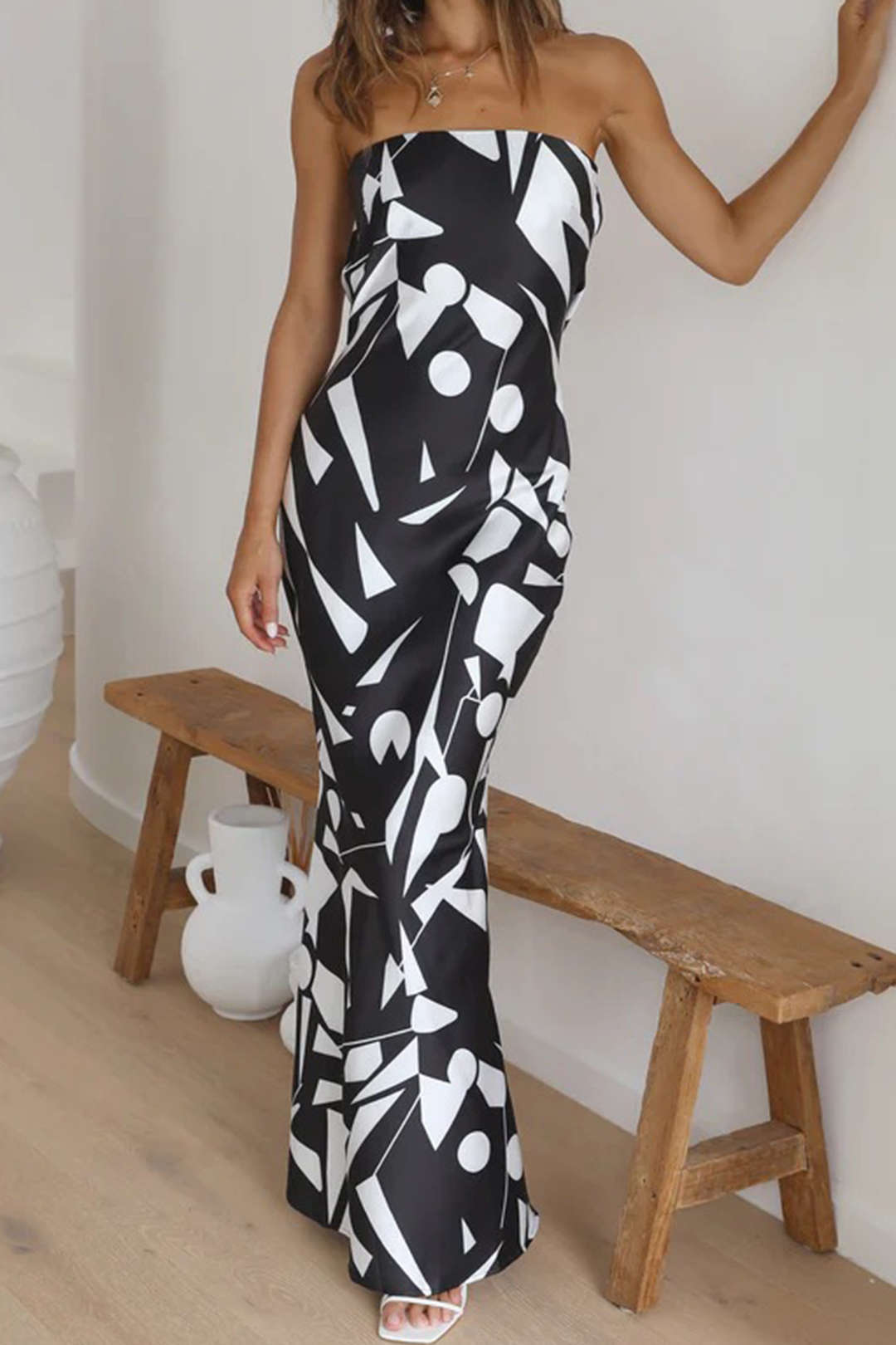 Geometric Print Strapless Maxi Dress - Y2K Aesthetic Summer Fashion Essential