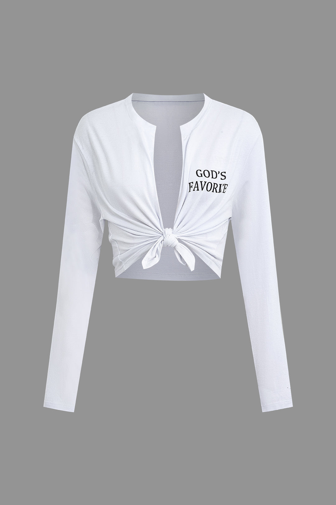 GOD'S FAVORITE Y2K Style Letter Knot Front Long Sleeve Crop Top for Aesthetic Outfits