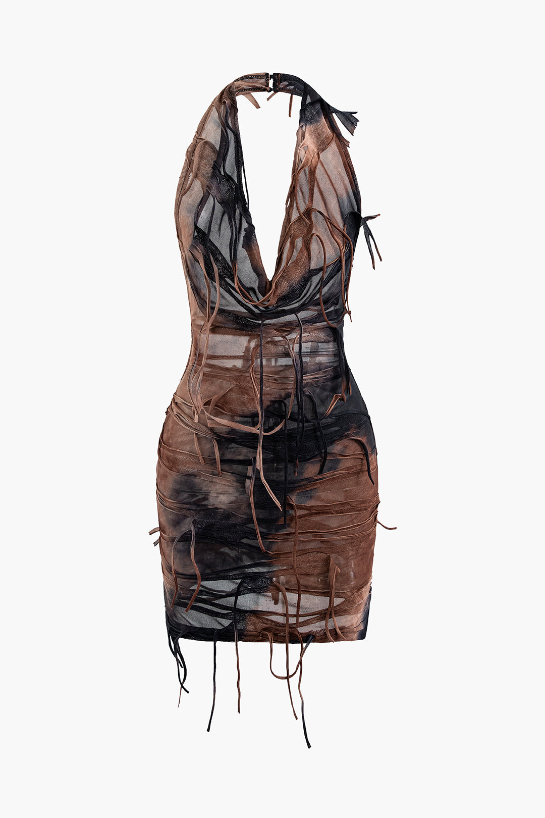 Halter Backless Distressed Mini Dress - Y2K Aesthetic Grunge Style for Trendy Outfits