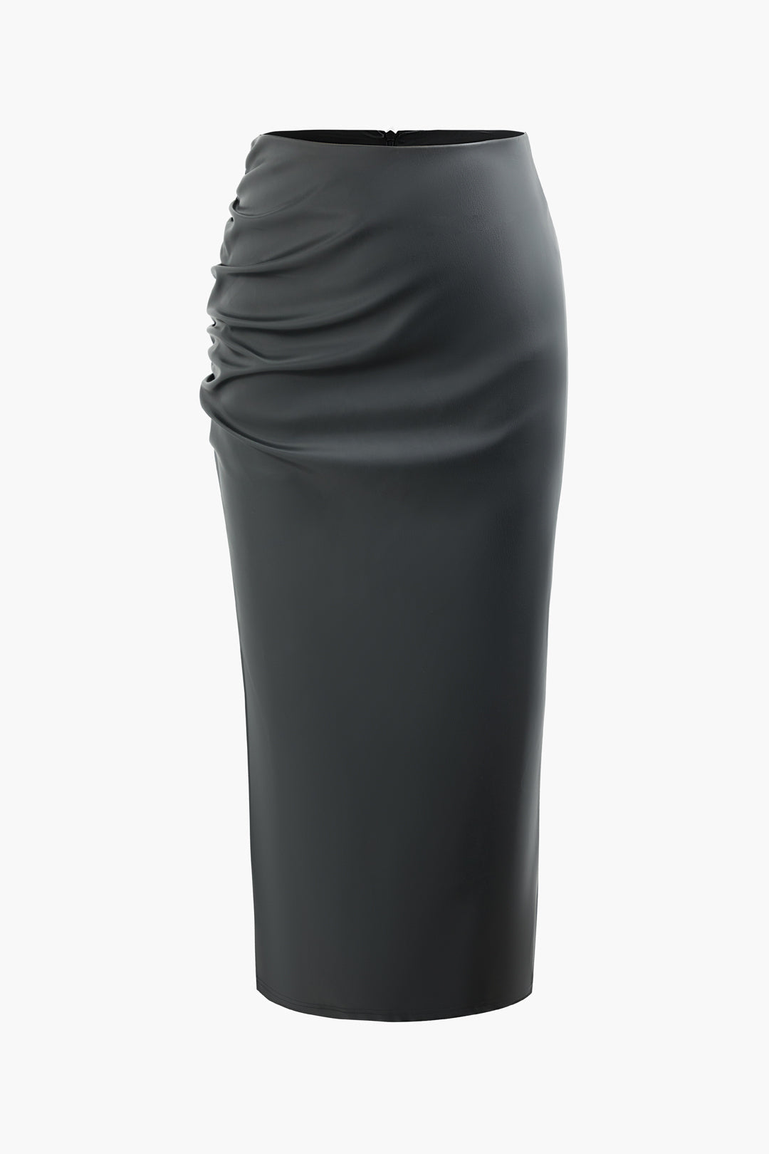 High Waist Faux Leather Ruched Slit Skirt for Y2K Aesthetic and Grunge Style Outfits