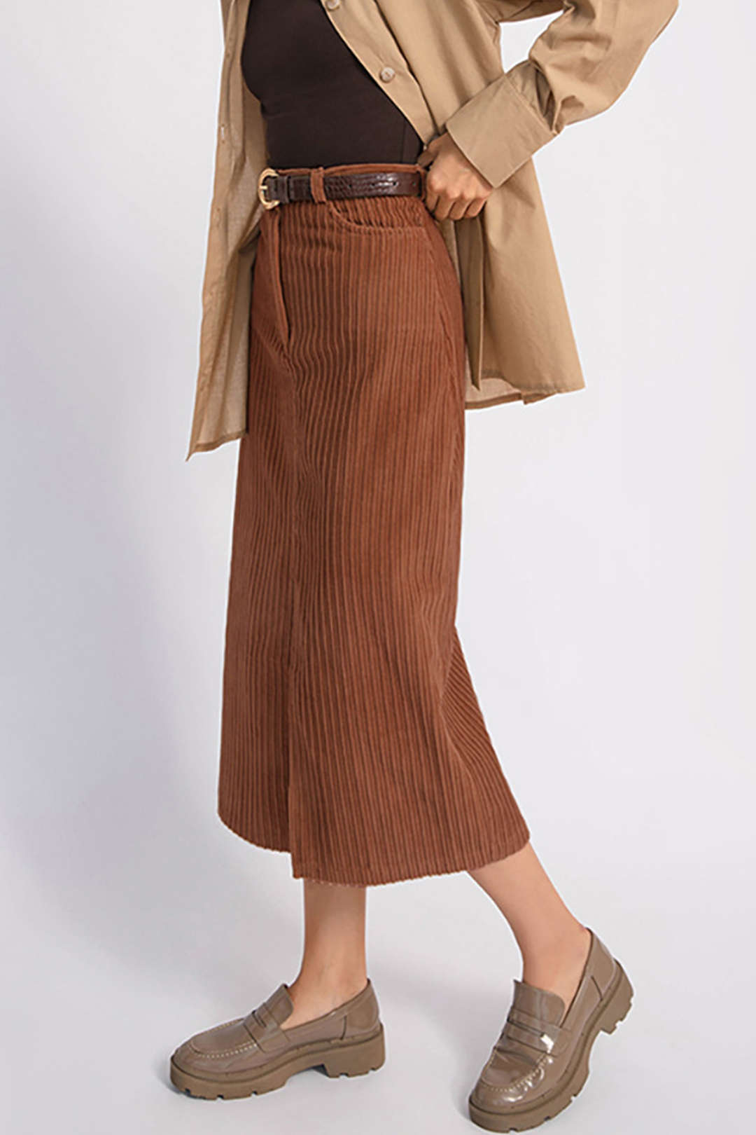 High Waist Slit Front Corduroy Midi Skirt - Y2K Aesthetic Fashion Essential