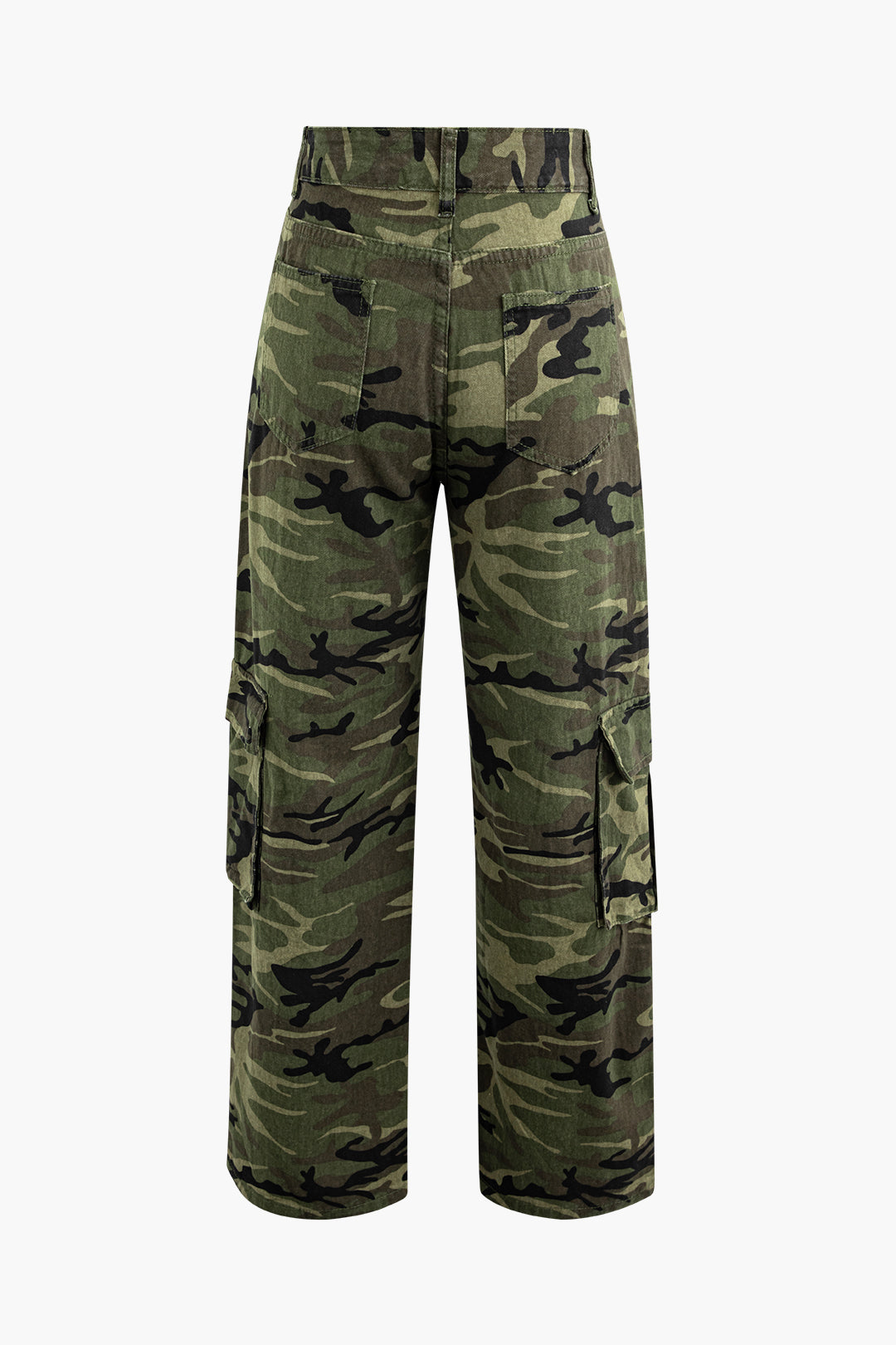 High-Waisted Camo Cargo Jeans with Flap Pockets for Y2K and Grunge Aesthetic Outfits