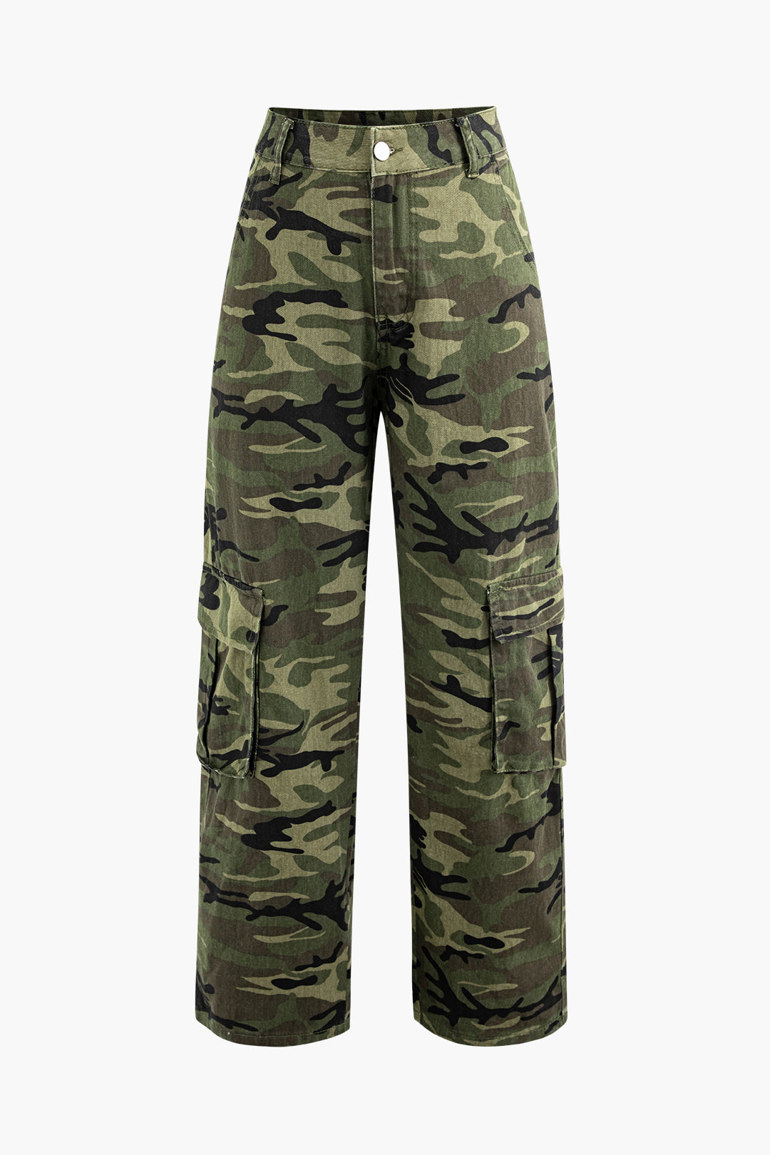 High-Waisted Camo Cargo Jeans with Flap Pockets for Y2K and Grunge Aesthetic Outfits