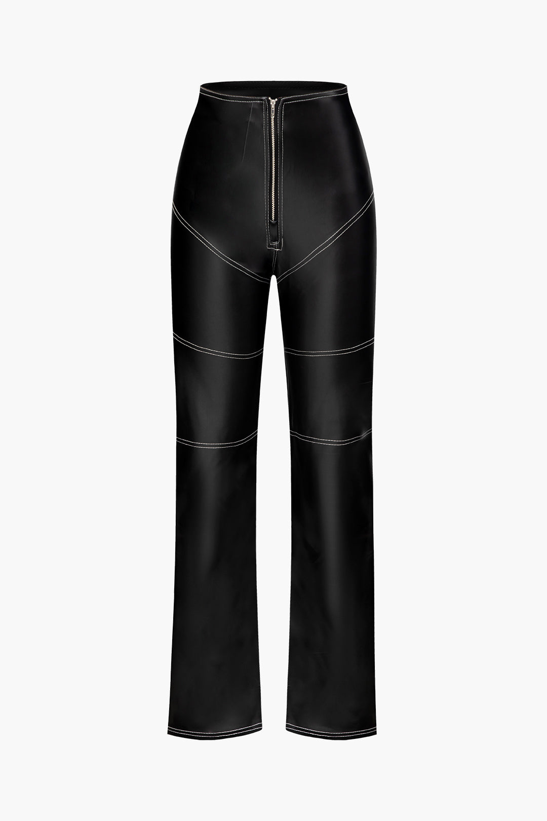 High-Waisted Faux Leather Straight Leg Pants with Topstitching for Y2K Aesthetic Style