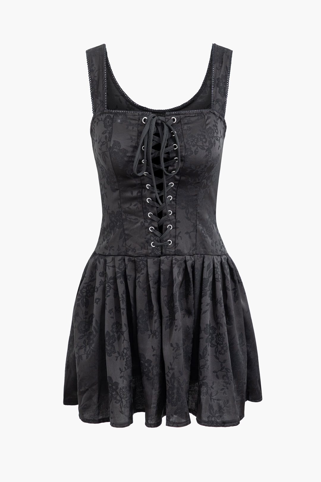 Jacquard Eyelet Tie Square Neck Sleeveless Pleated Mini Dress in Y2K Aesthetic Style