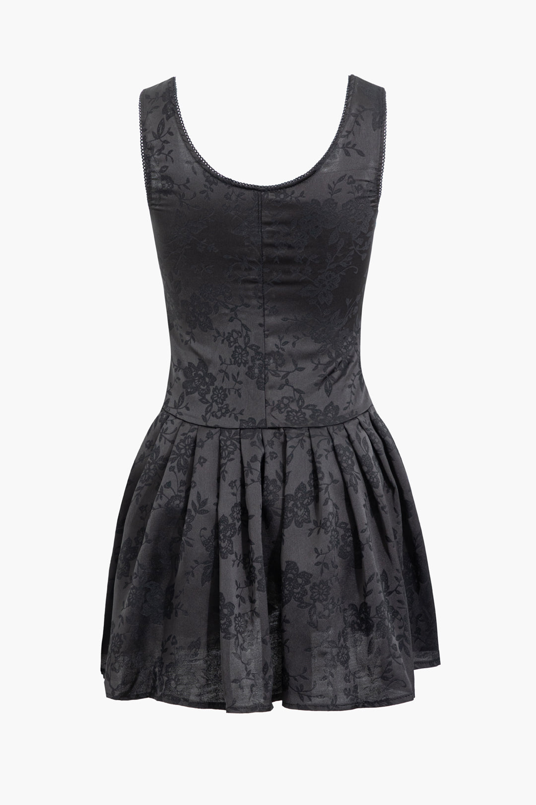 Jacquard Eyelet Tie Square Neck Sleeveless Pleated Mini Dress in Y2K Aesthetic Style