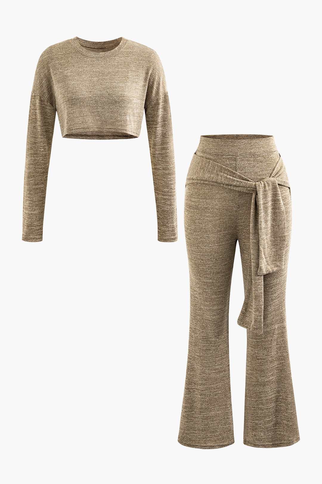 Knit Long Sleeve Crop Top with Knot Front & Flared Pants Set for Y2K Aesthetic Outfits