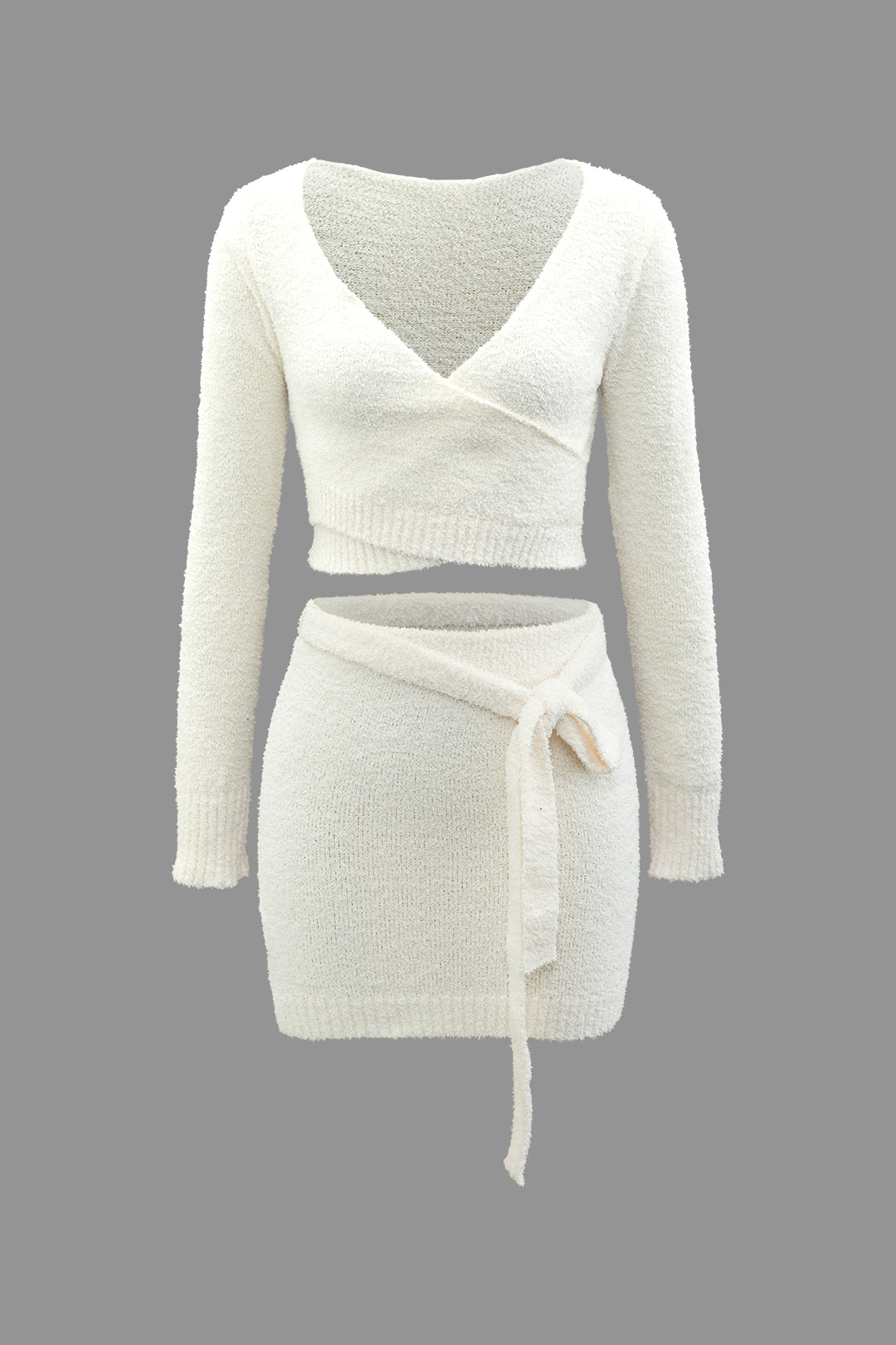 Knit V-Neck Long Sleeve Crop Top & Tie Waist Mini Skirt Set for Y2K Aesthetic Outfits