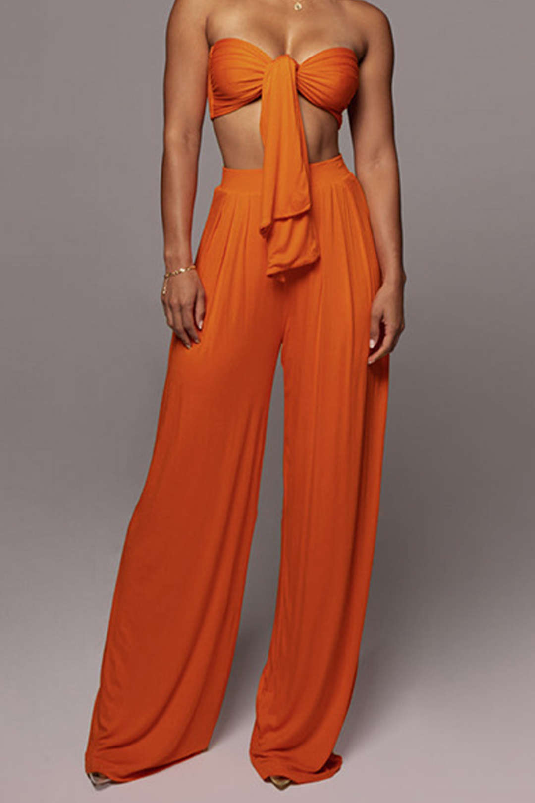 Knot Front Ruched Tube Top with Pleated Wide Leg Pants - Y2K Aesthetic Outfit Set