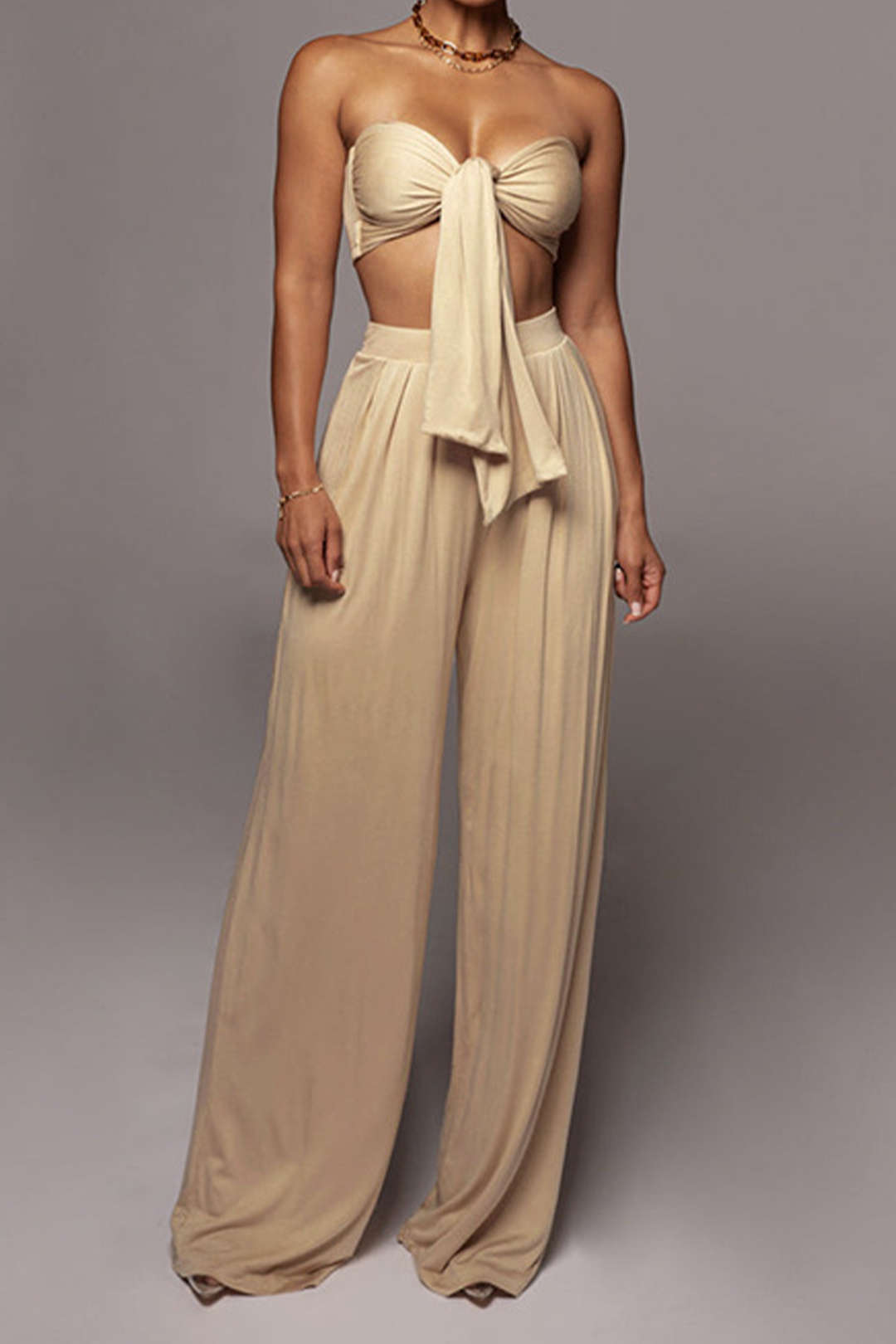 Knot Front Ruched Tube Top with Pleated Wide Leg Pants - Y2K Aesthetic Outfit Set