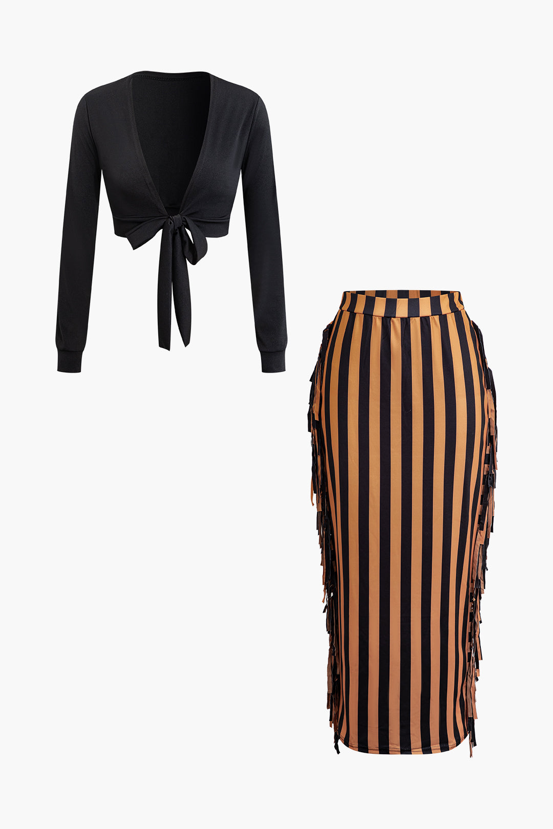 Knotted V-Neck Long Sleeve Top with Stripe Tassel Maxi Skirt Set for Y2K Aesthetic Outfits