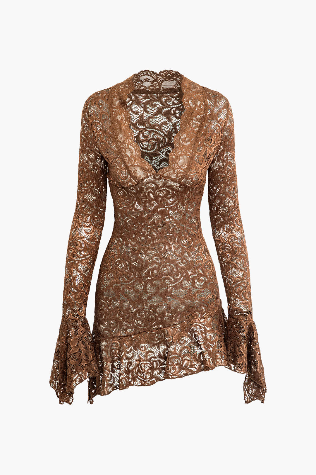 Lace Asymmetrical Hem Bell Sleeve V-Neck Mini Dress for Y2K Coquette Aesthetic Style