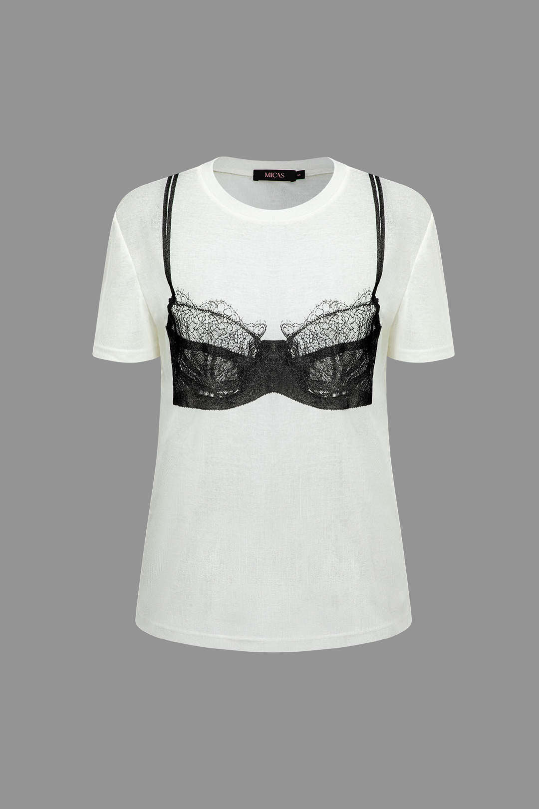 Lace Bikini Print Y2K Aesthetic Round Neck Short Sleeve T-Shirt for Trendy Outfits