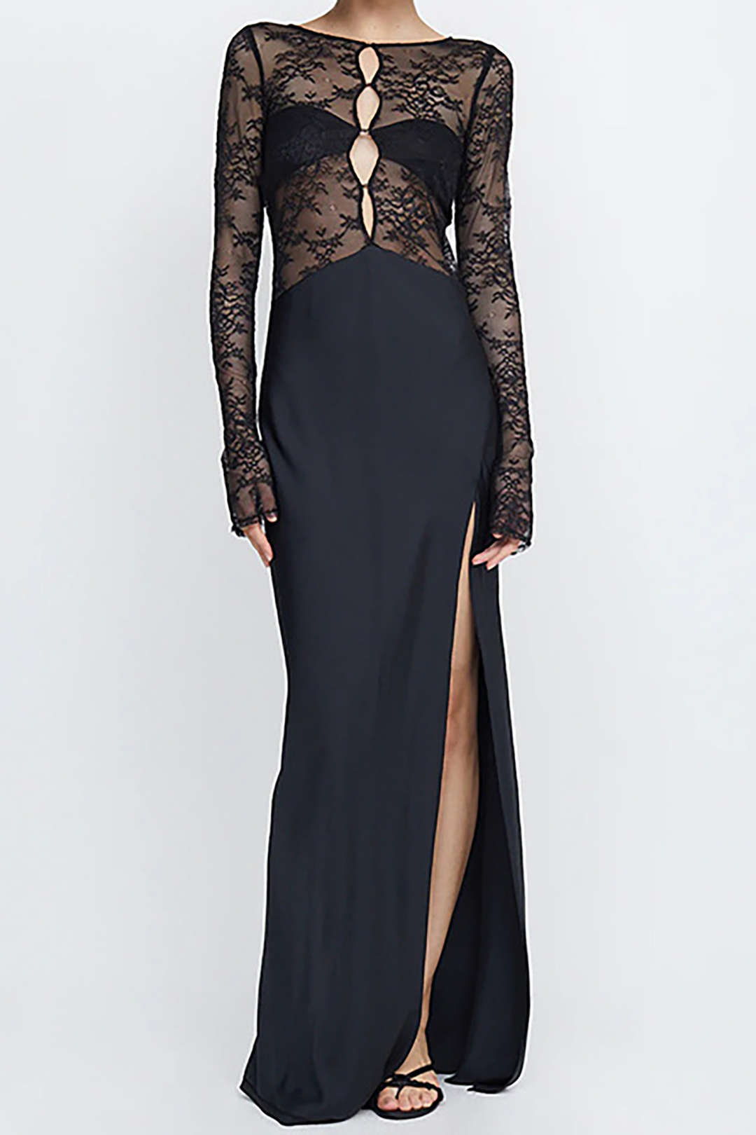 Lace Patchwork Long Sleeve Cut-Out Slit Maxi Dress for Y2K Aesthetic and Coquette Style