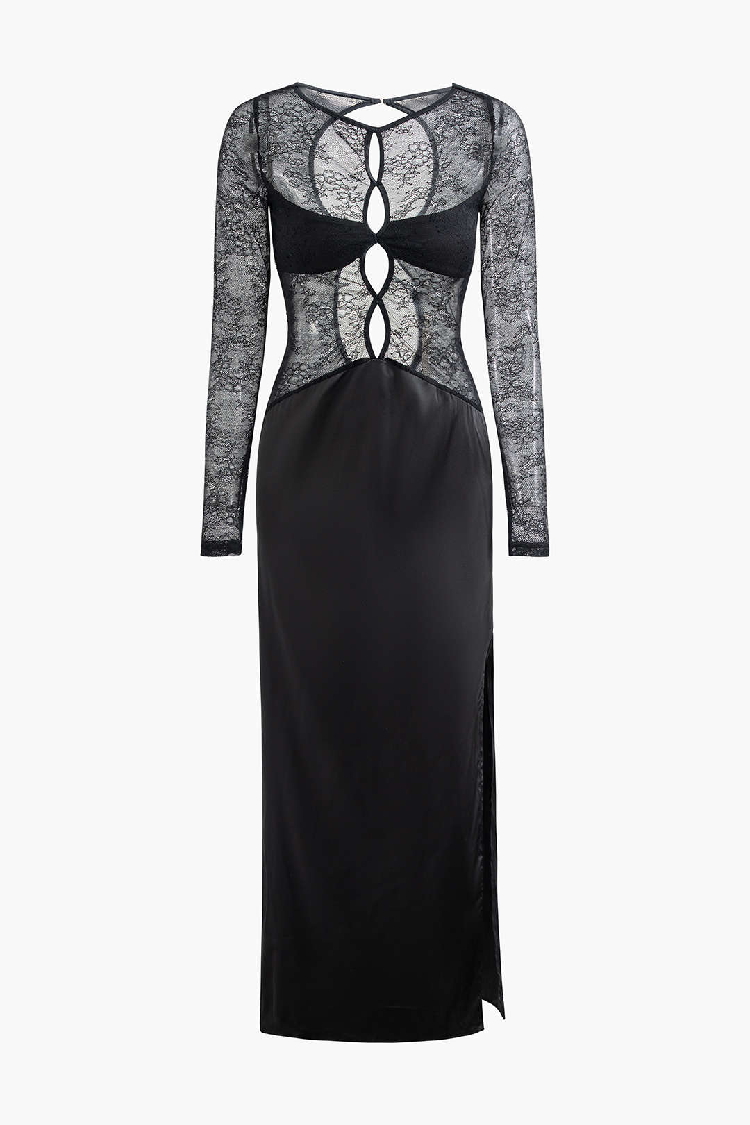 Lace Patchwork Long Sleeve Cut-Out Slit Maxi Dress for Y2K Aesthetic and Coquette Style