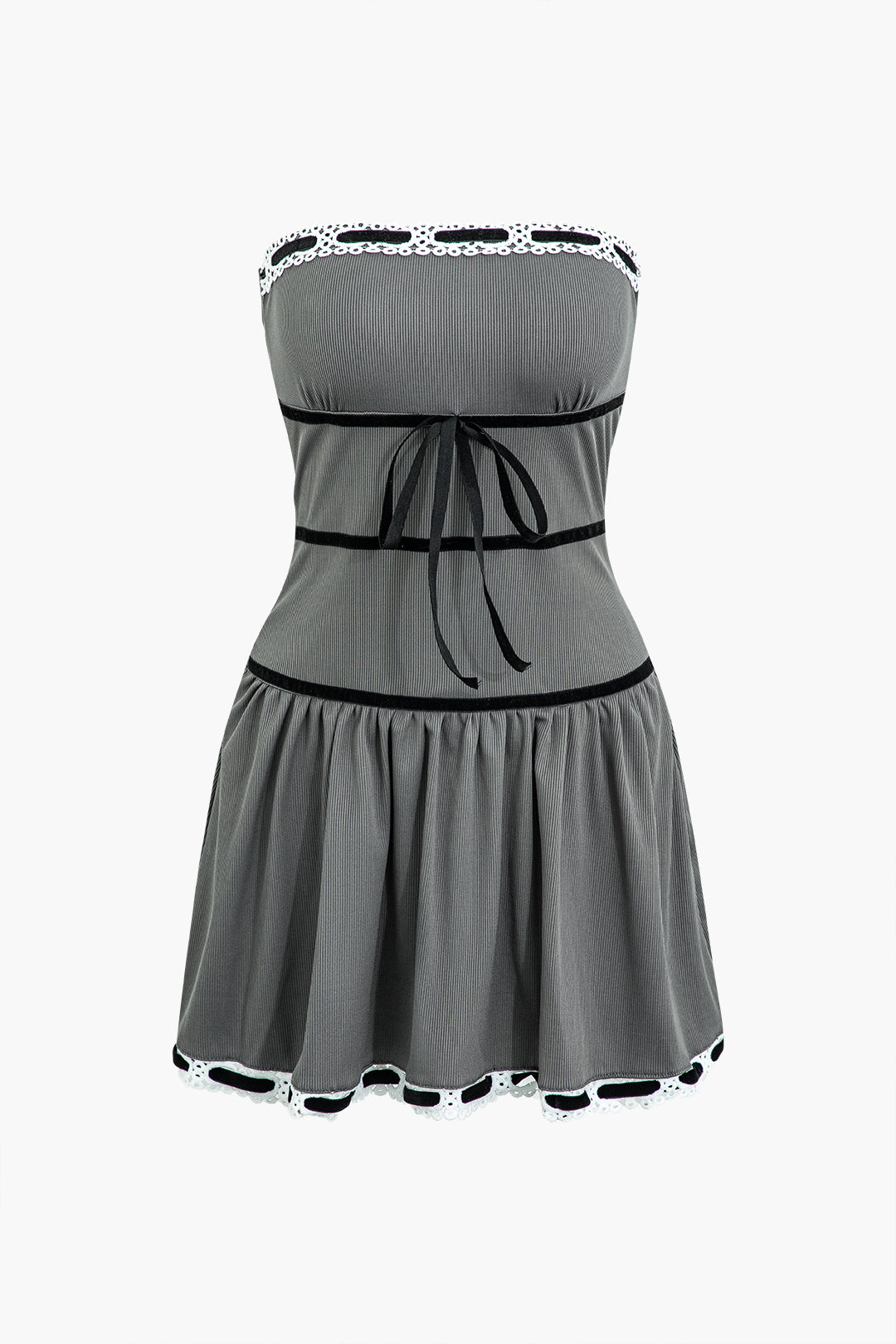 Lace Trim Tie Front Strapless Pleated Mini Dress - Y2K Aesthetic Cute Summer Outfit