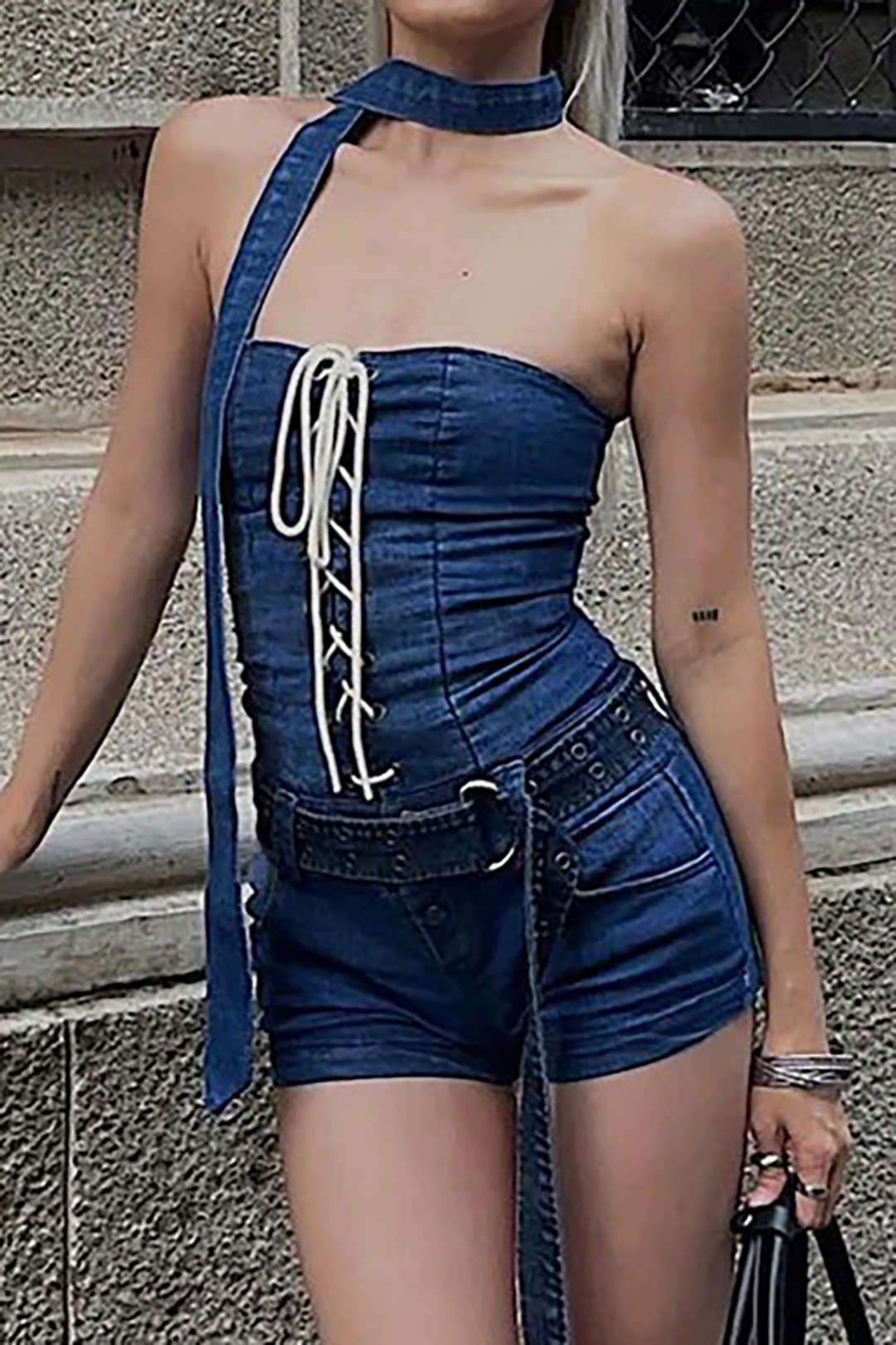 Lace-Up Belted Denim Strapless Romper with Scarf for Y2K Fashion and Coquette Aesthetic