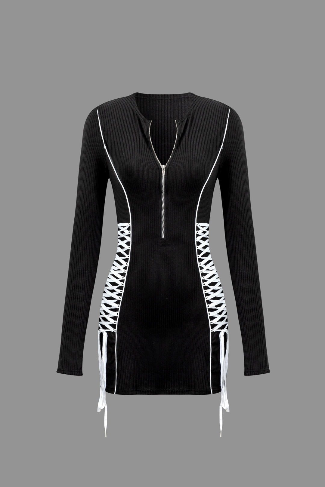 Lace-Up Zip Front Long Sleeve Mini Dress in Y2K Style for a Chic Coquette Aesthetic