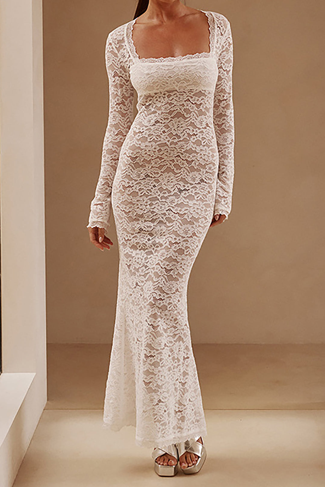 Lace Zipper Back Long Sleeve Maxi Dress - Elegant Y2K Aesthetic for Chic Occasions