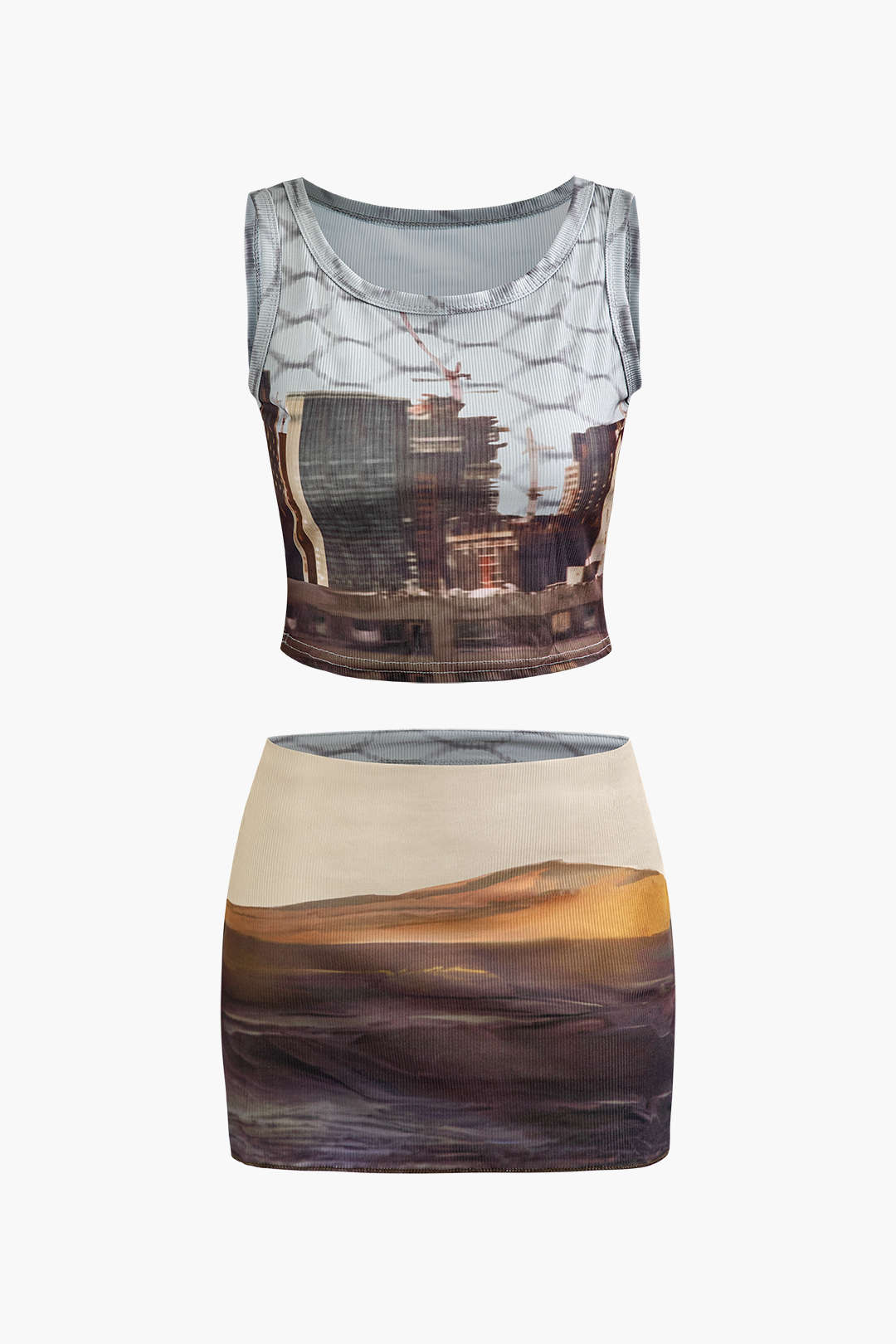 Landscape Print Rib Knit Tank Top & Mini Skirt Set - Y2K Aesthetic Outfit