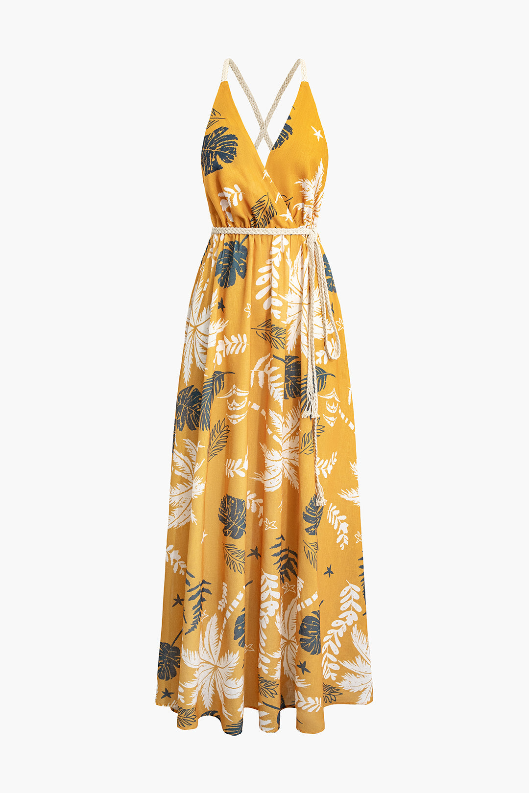 Leaves Print V-neck Backless Maxi Dress with Rope Tie - Y2K Aesthetic Summer Style