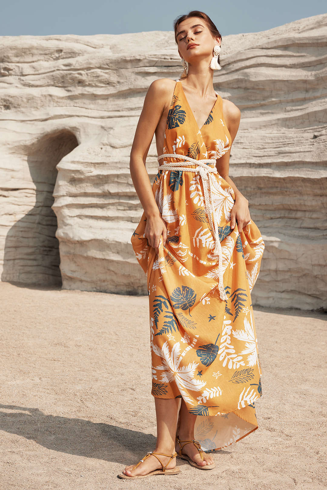 Leaves Print V-neck Backless Maxi Dress with Rope Tie - Y2K Aesthetic Summer Style